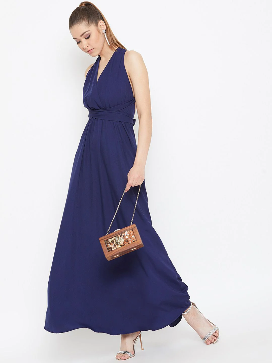 Berrylush Navy Blue V-Neck Maxi Dress - Image 4