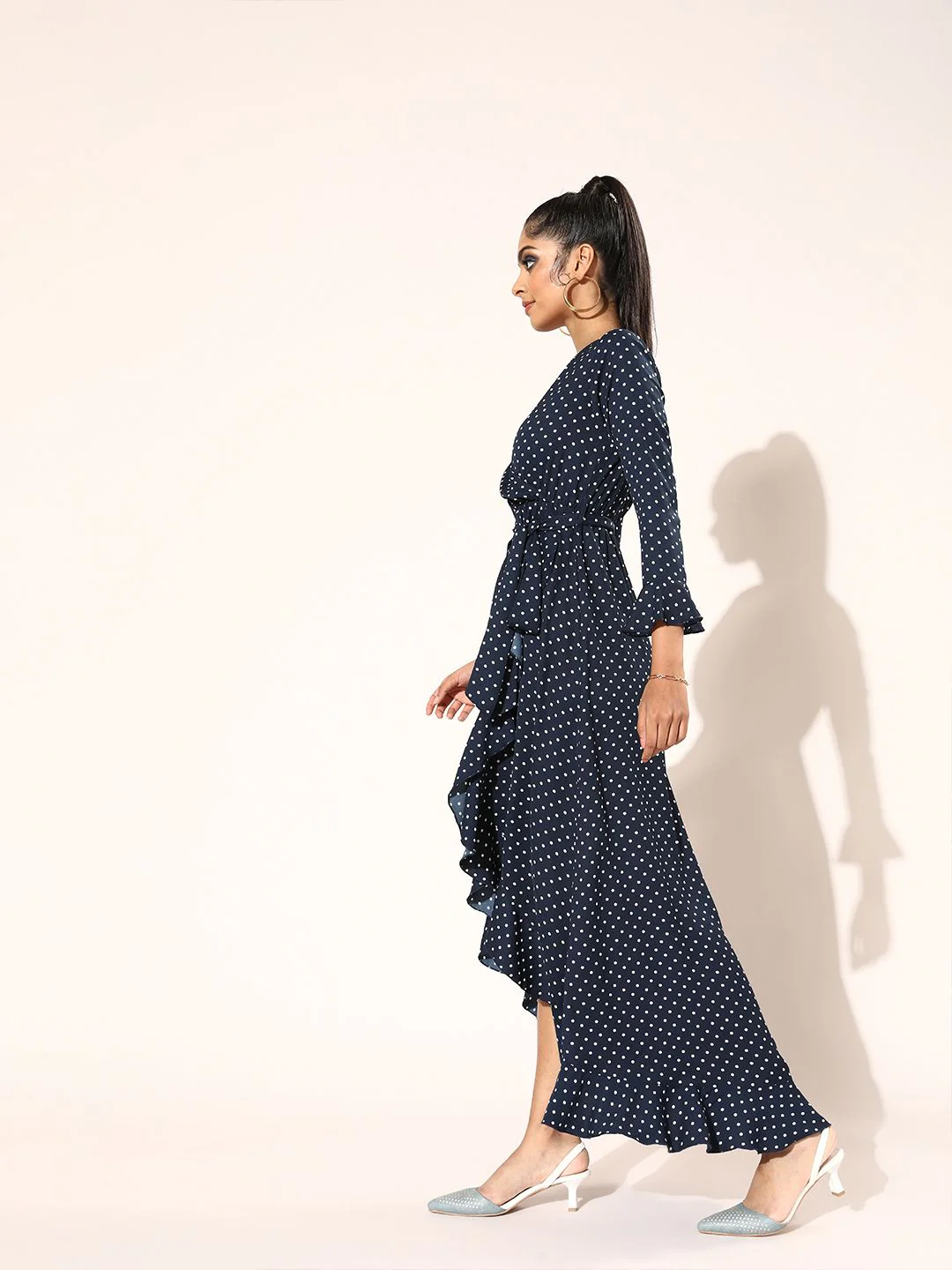 Berrylush Navy Blue & White Polka Dot Print Maxi Wrap Dress - Image 3