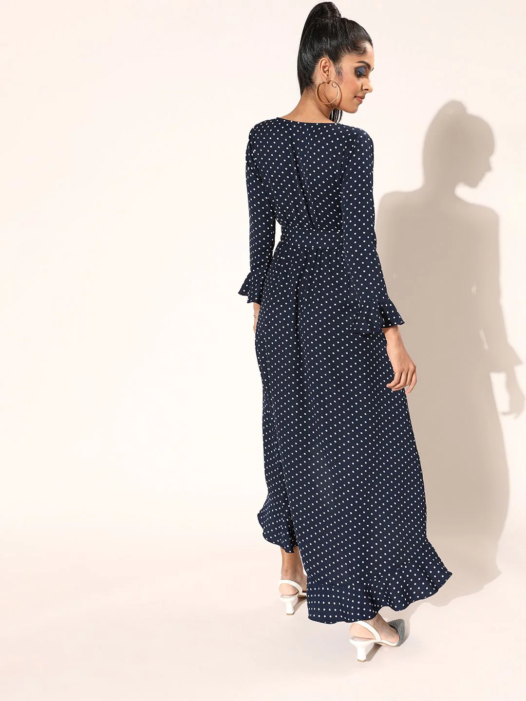 Berrylush Navy Blue & White Polka Dot Print Maxi Wrap Dress - Image 4