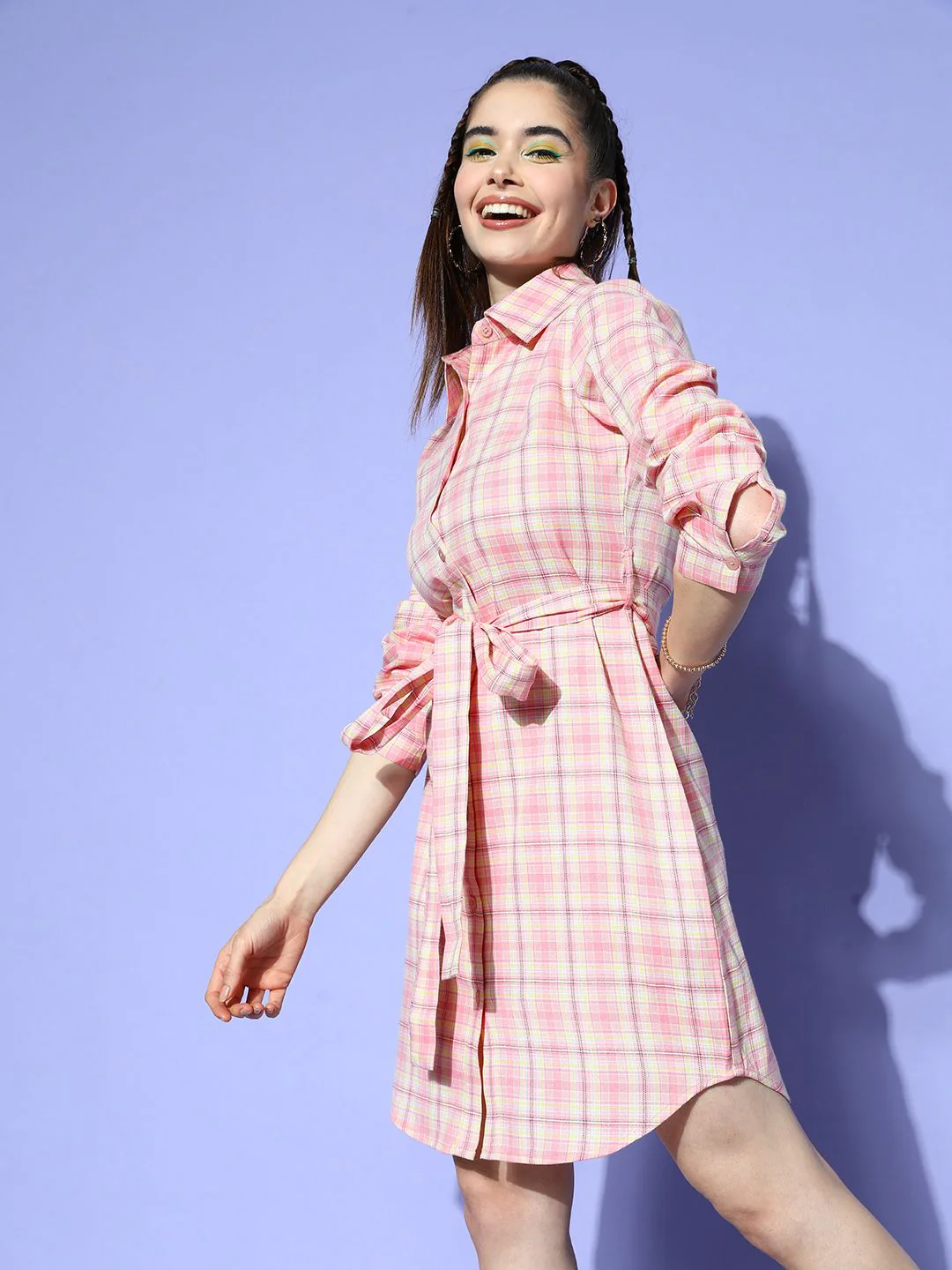 Berrylush Pink Checked Crepe Shirt Dress - Image 5