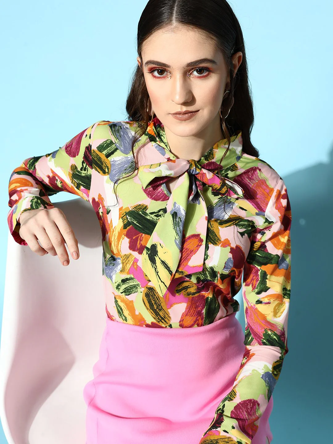 Berrylush Pink & Green Print Tie-Up Neck Crepe Top - Image 2