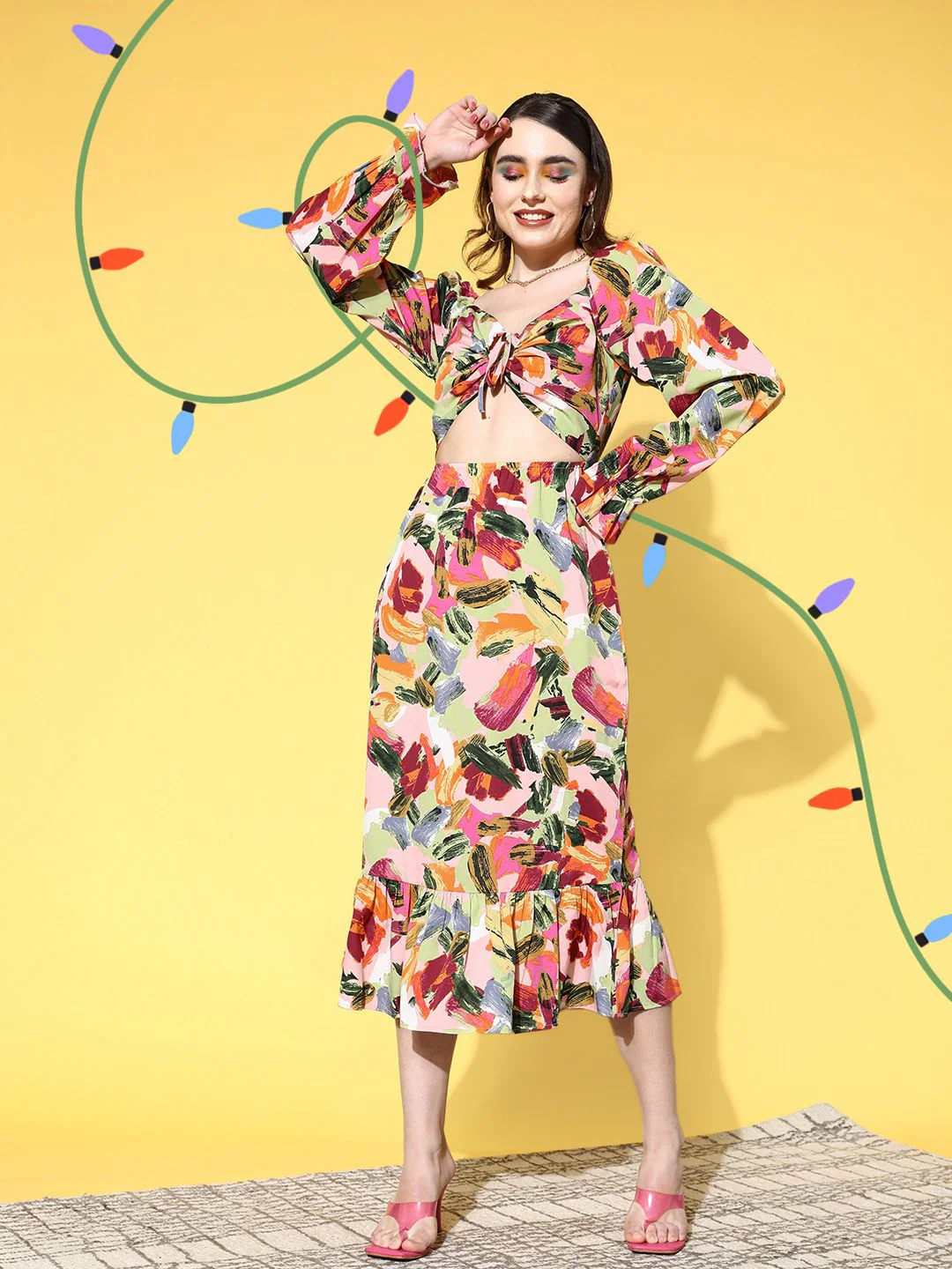 Berrylush Pink & Multicoloured Crepe Sweetheart Neck Midi Dress With Cut-Out Detail