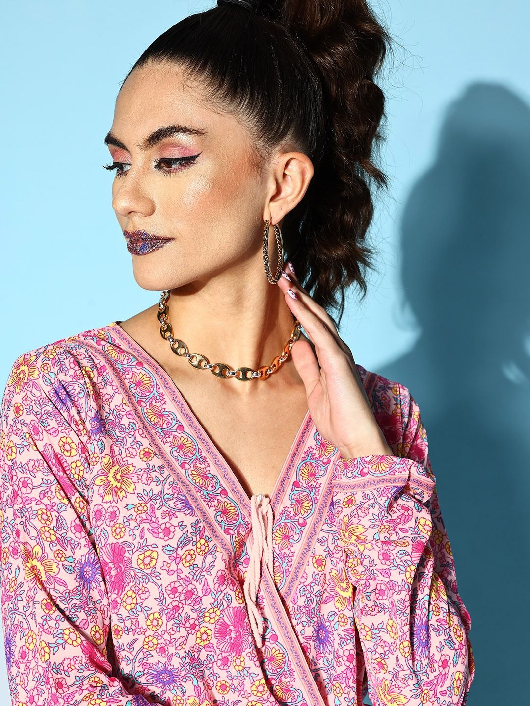 Berrylush Pretty Pink Floral Fluid Tie-Up Top - Image 2