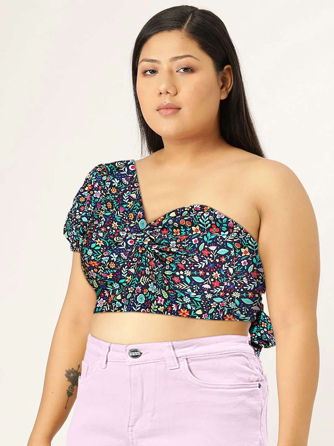 Berrylush Purple Floral Print One Shoulder Puff Sleeves Crepe Styled Back Crop Top - Image 6