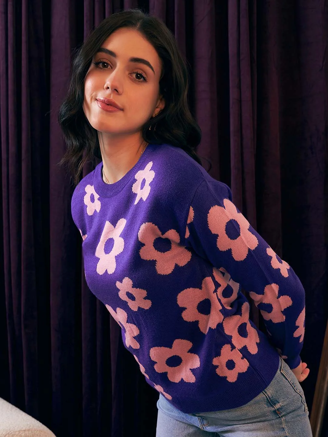 Berrylush Purple Floral Printed Pullover - Image 3