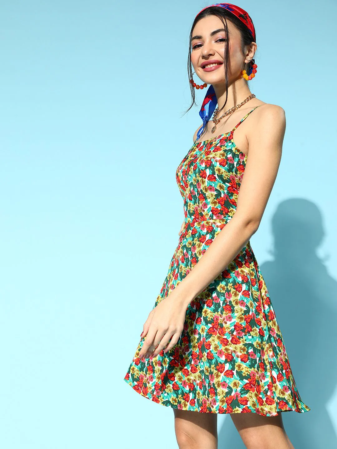 Berrylush Red & Green Floral Printed Crepe A-Line Dress - Image 3