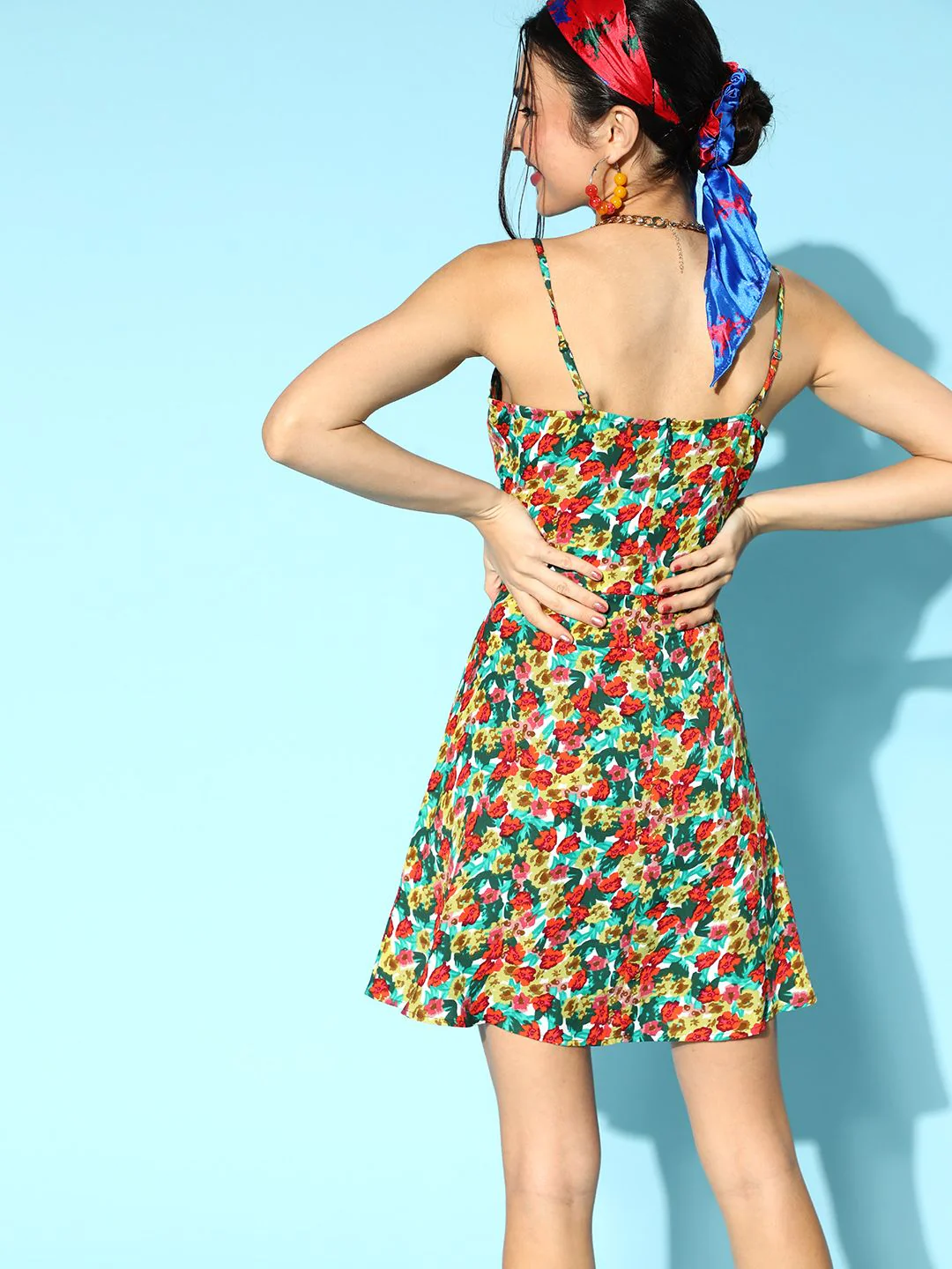 Berrylush Red & Green Floral Printed Crepe A-Line Dress - Image 5
