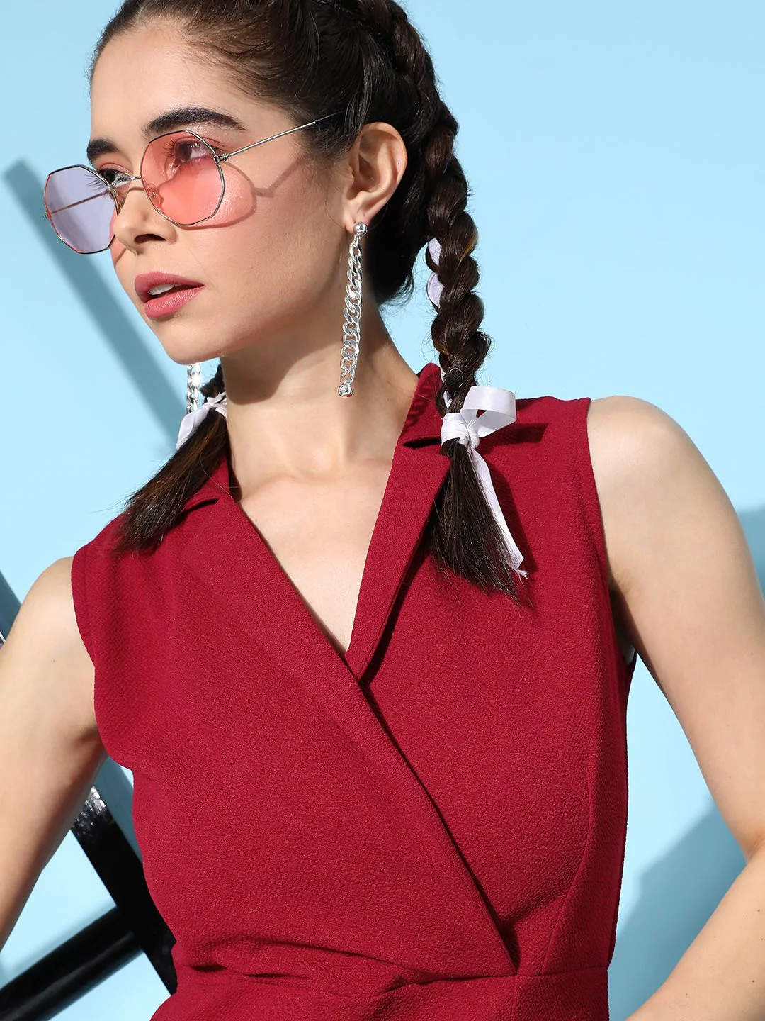 Berrylush Red Notched Lapel Solid Playsuit - Image 3