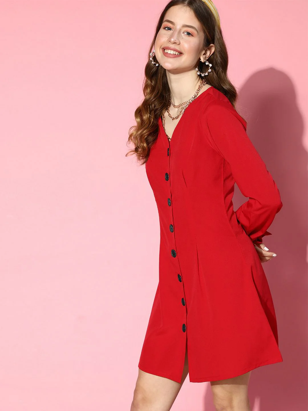 Berrylush Red Solid Crepe Mini A-Line Dress - Image 2