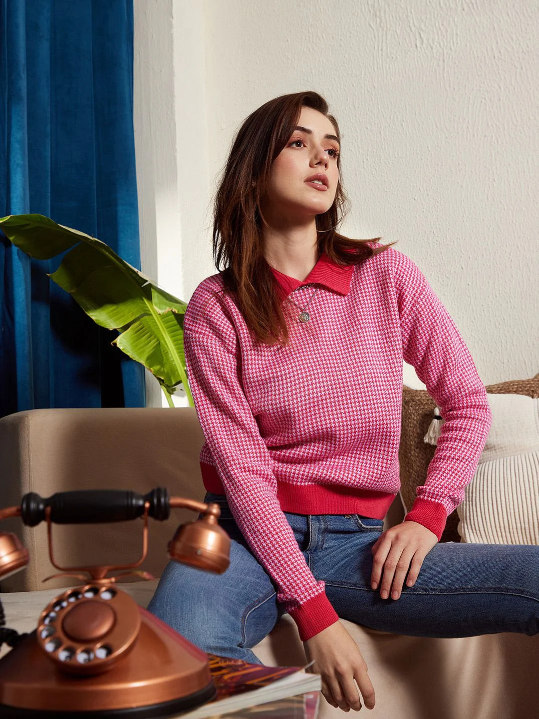 Berrylush Red & White Checked Shirt Collar Acrylic Pullover Sweater - Image 6