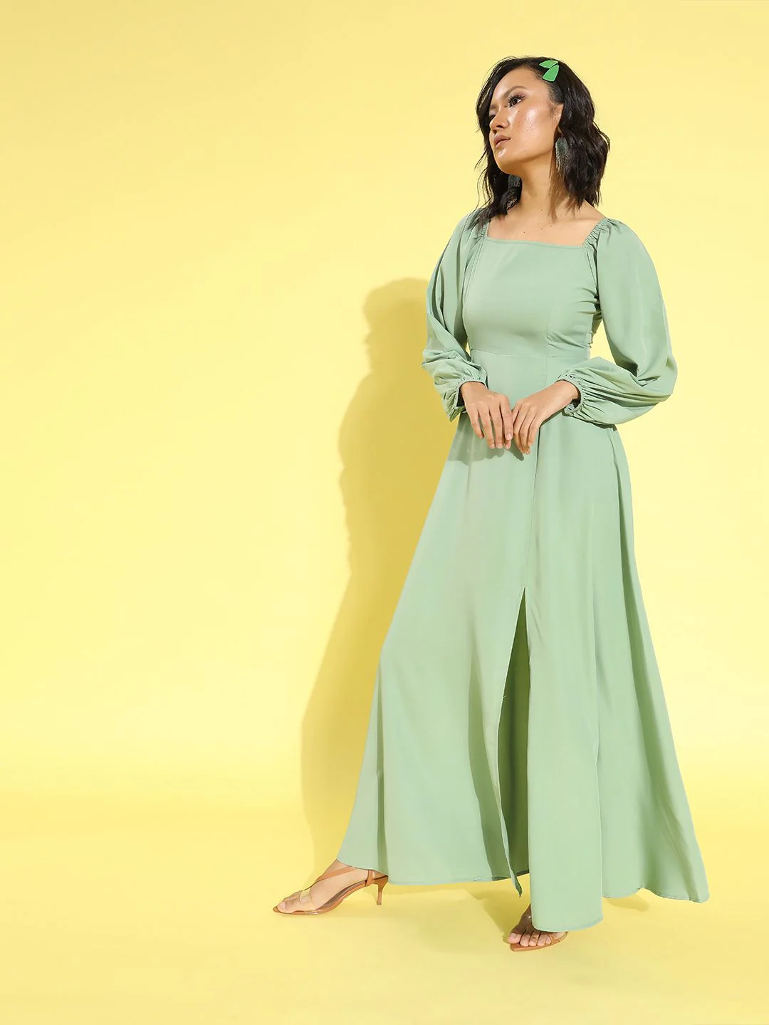 Berrylush Sage Green Solid Puff Sleeves Dress - Image 2