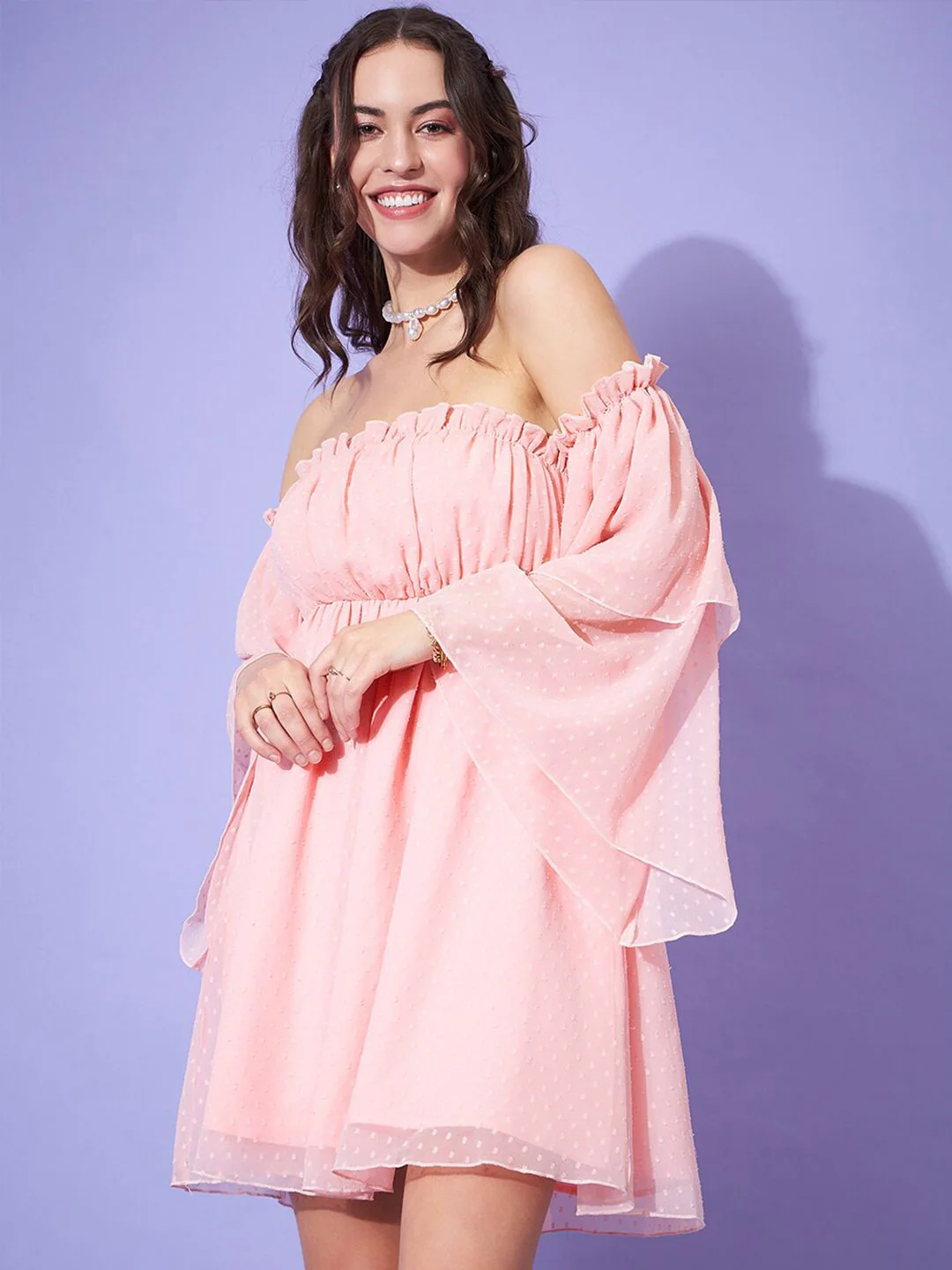 Berrylush Self Design Off-Shoulder Ruffled A-Line Dress - Image 3