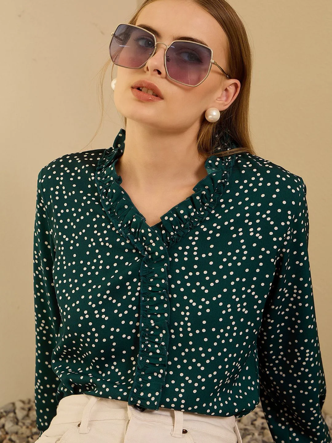 Berrylush V-Neck Polka Dots Printed Top - Image 2