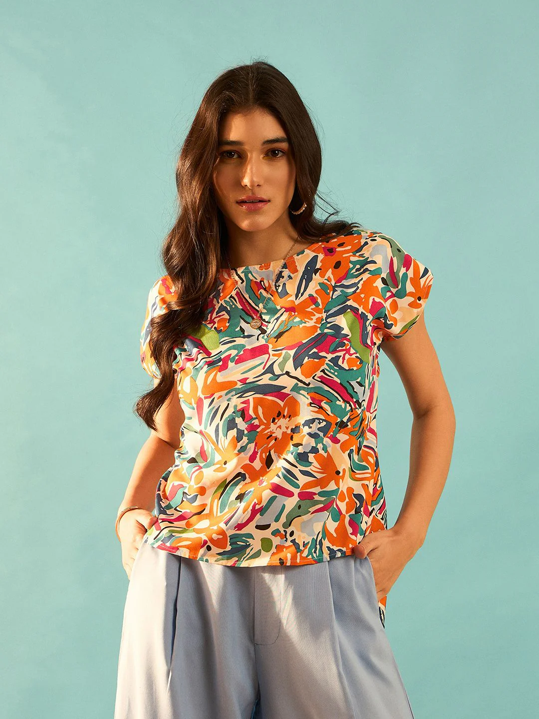 Berrylush White Abstract Printed Cut Out Detailed Twisted Extended Sleeve Styled Back Top