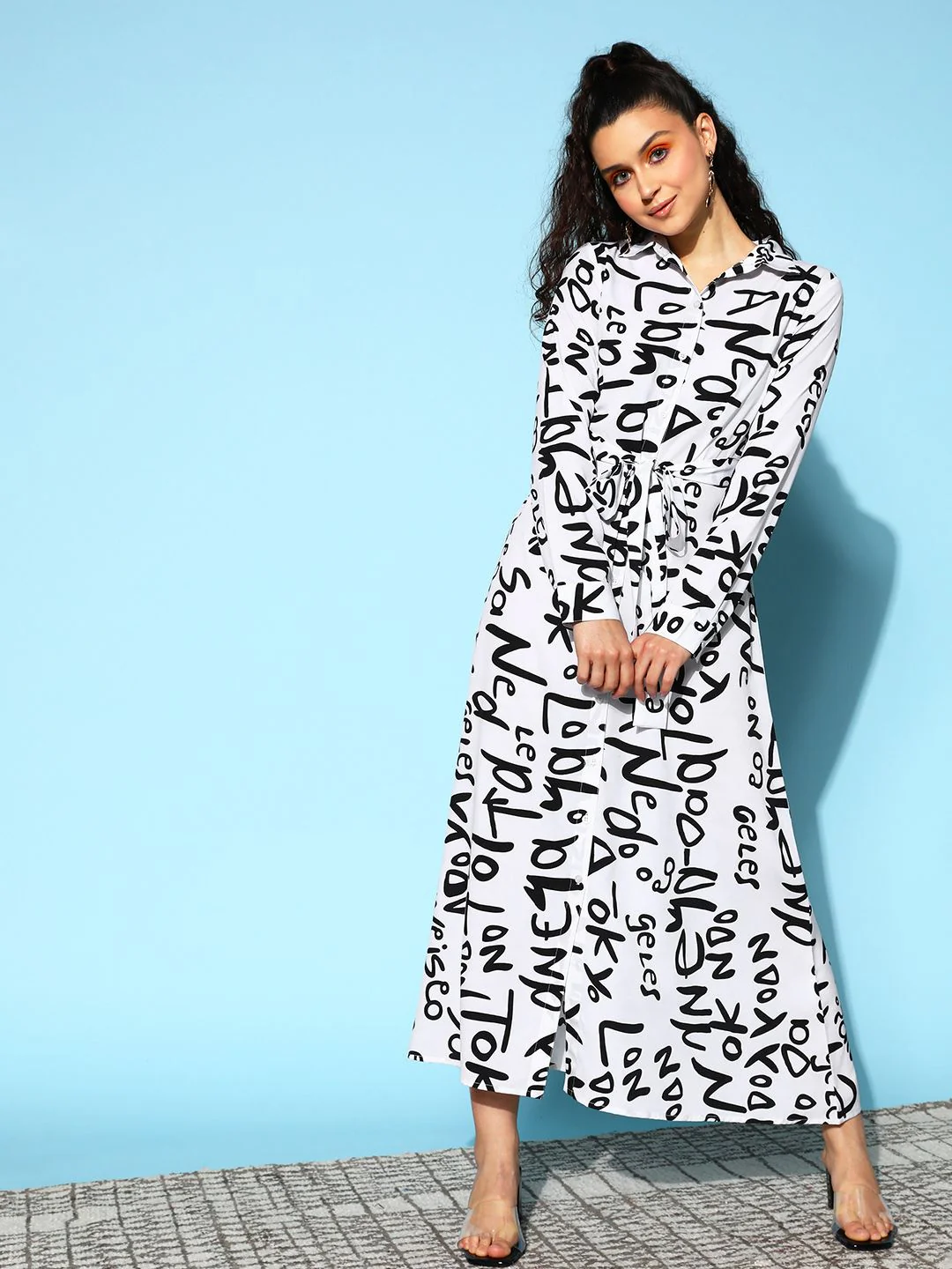 Berrylush White & Black Crepe Shirt Maxi Dress With Belt - Image 3