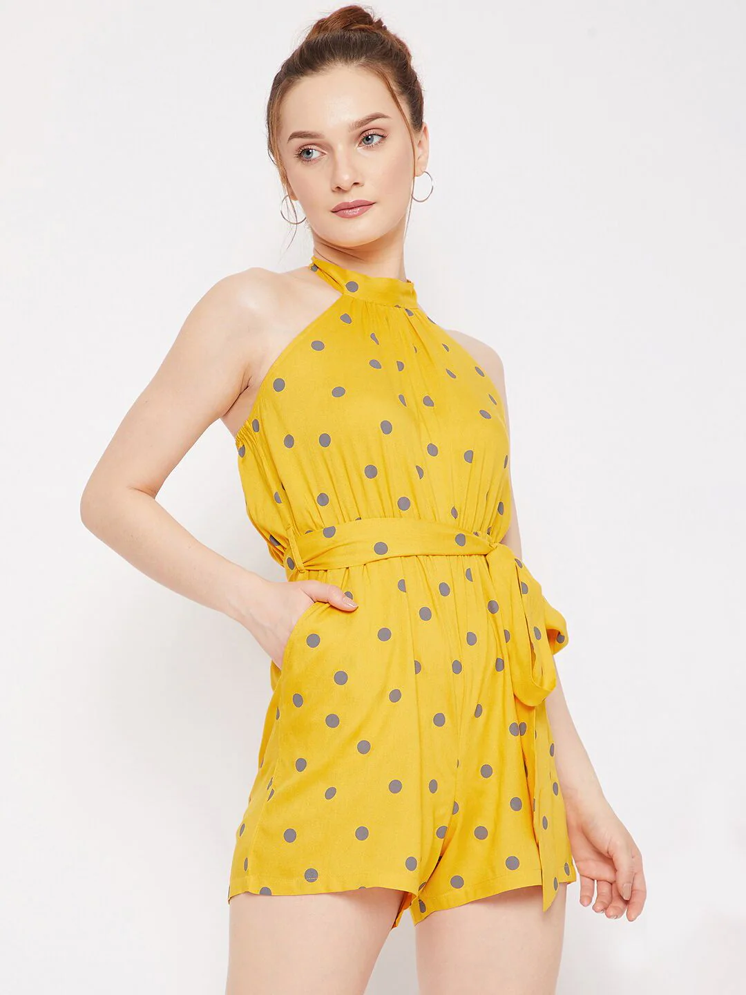 Berrylush Woman Yellow & Grey Polka Halter Neck Printed Jumpsuit - Image 3