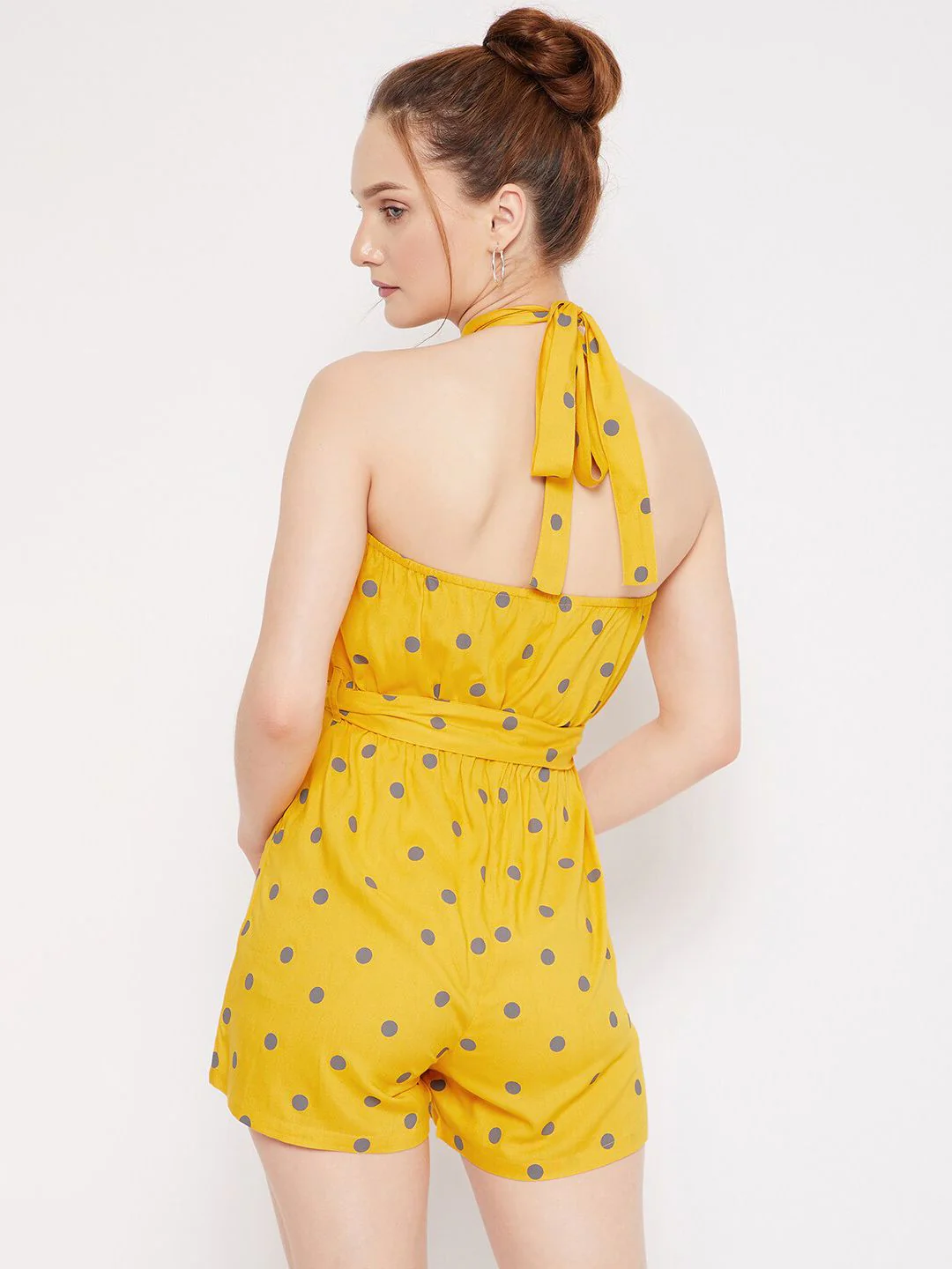 Berrylush Woman Yellow & Grey Polka Halter Neck Printed Jumpsuit - Image 4