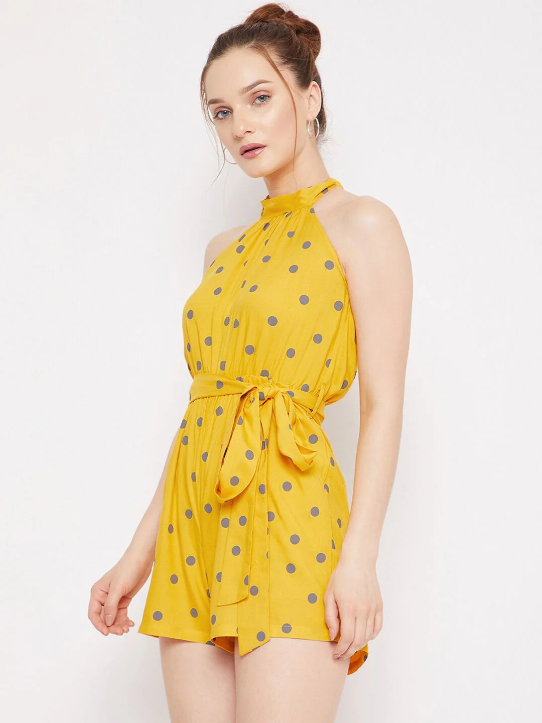 Berrylush Woman Yellow & Grey Polka Halter Neck Printed Jumpsuit - Image 5