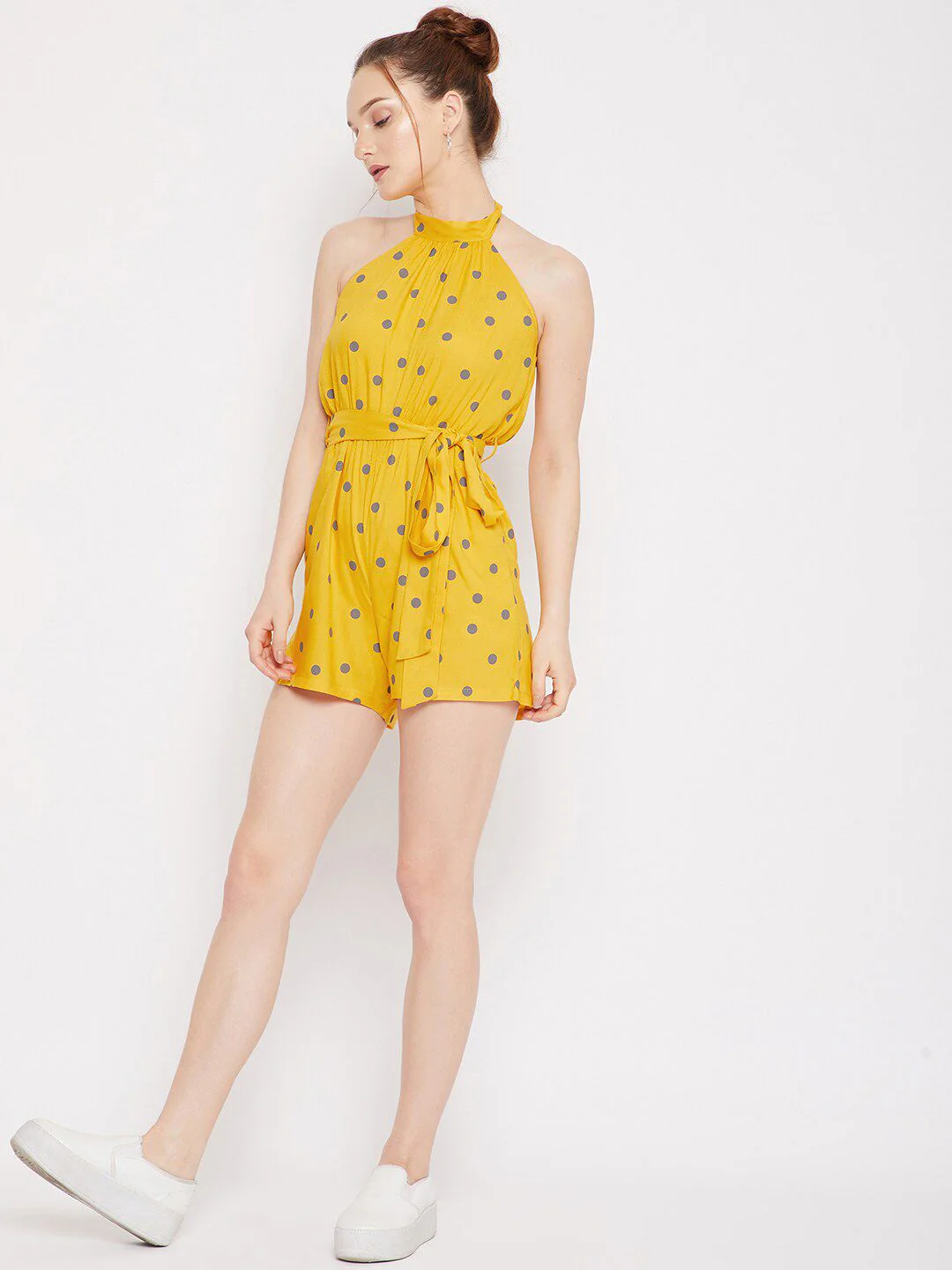Berrylush Woman Yellow & Grey Polka Halter Neck Printed Jumpsuit - Image 6