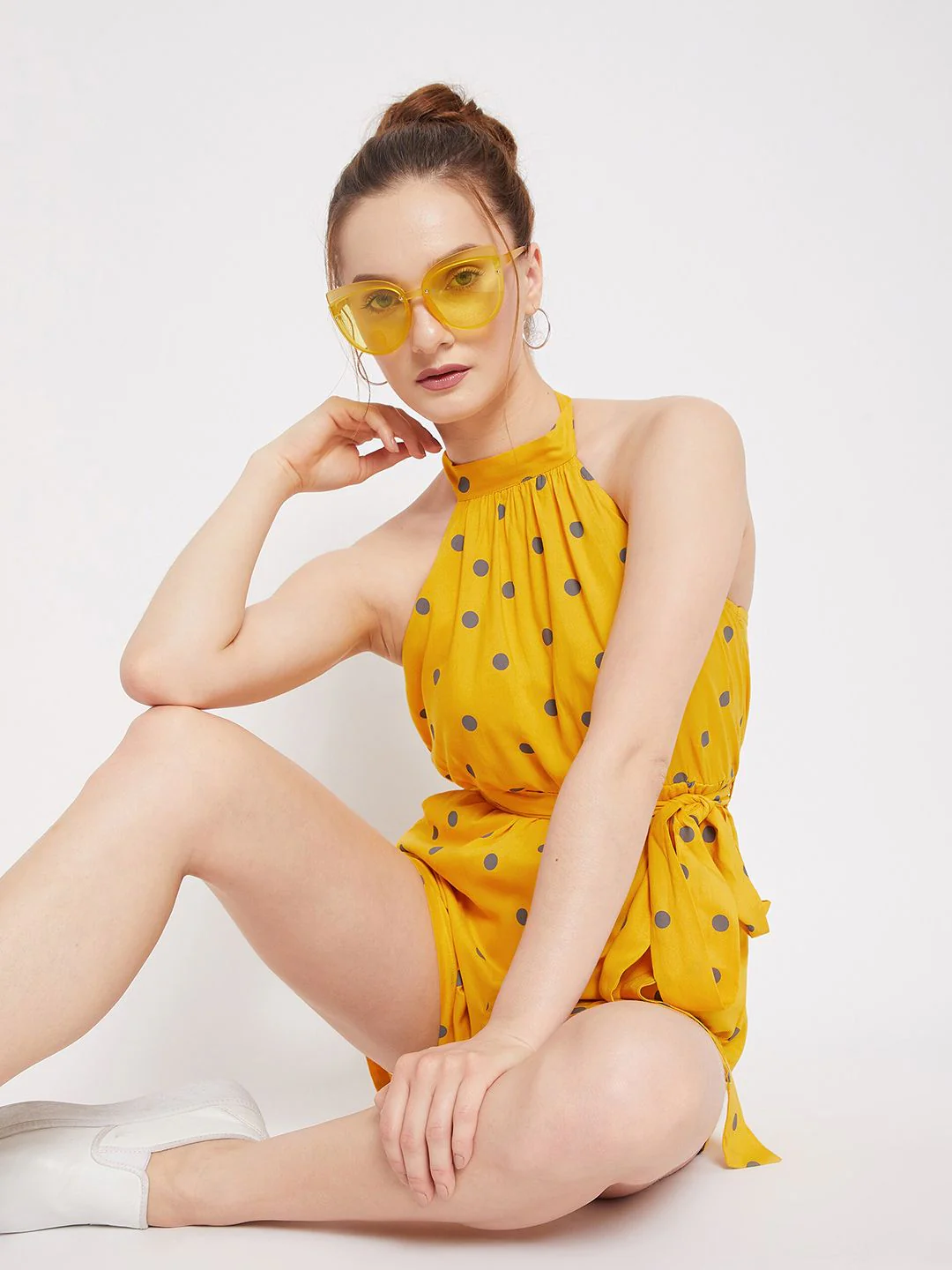 Berrylush Woman Yellow & Grey Polka Halter Neck Printed Jumpsuit - Image 7