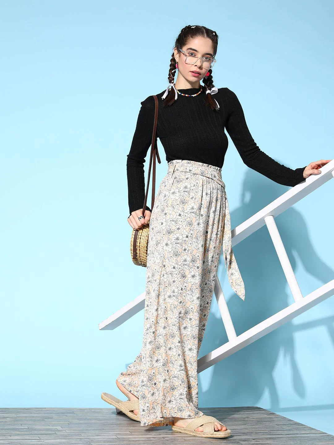 Berrylush Women Beige & White Floral Printed Relaxed Flared High-Rise Trousers