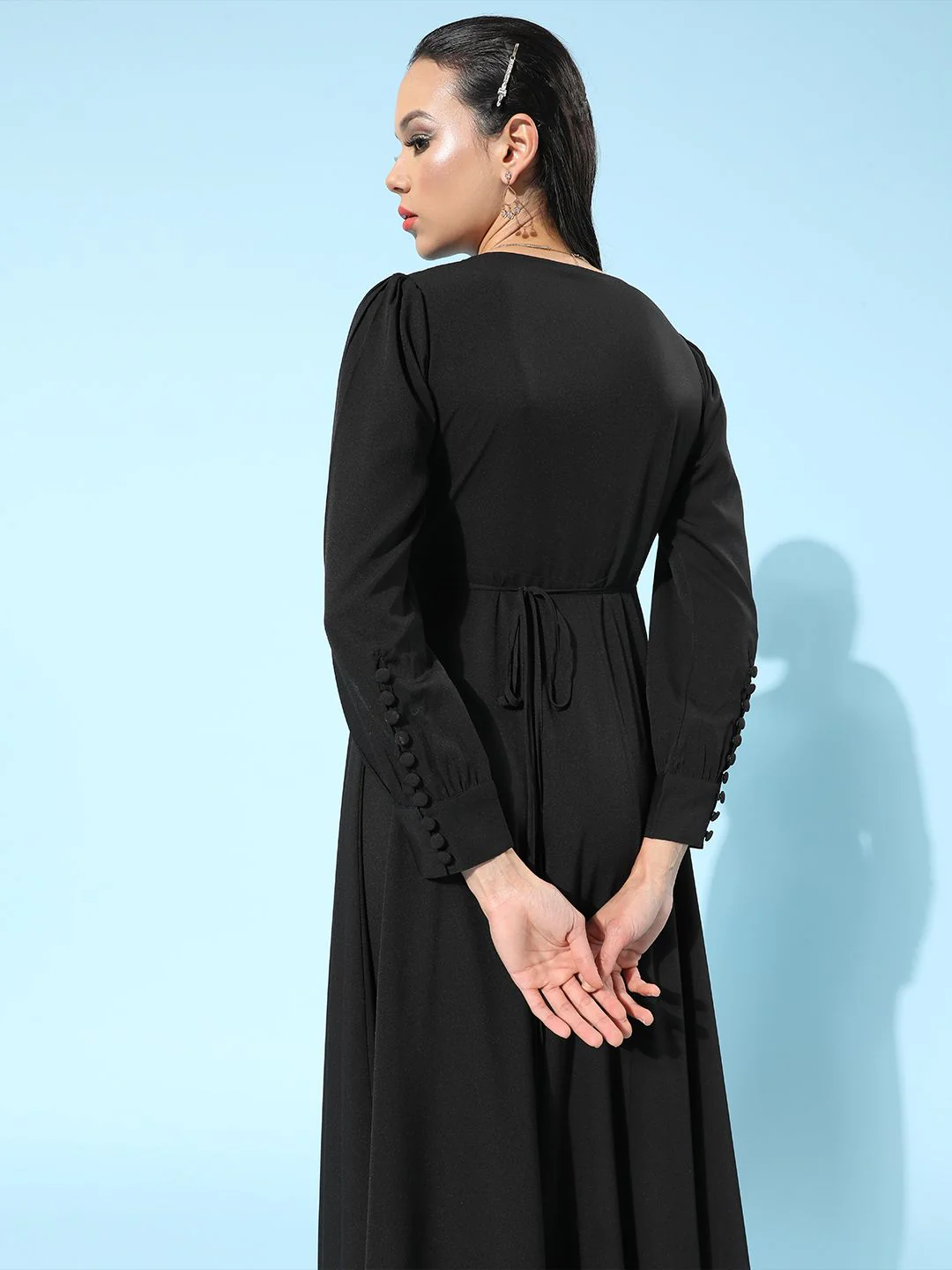 Berrylush Women Black Solid Bishop Sleeves Dress - Image 4