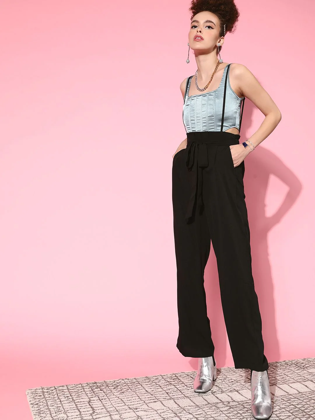 Berrylush Women Black Solid High-Rise Pleated Trousers with Suspenders - Image 2