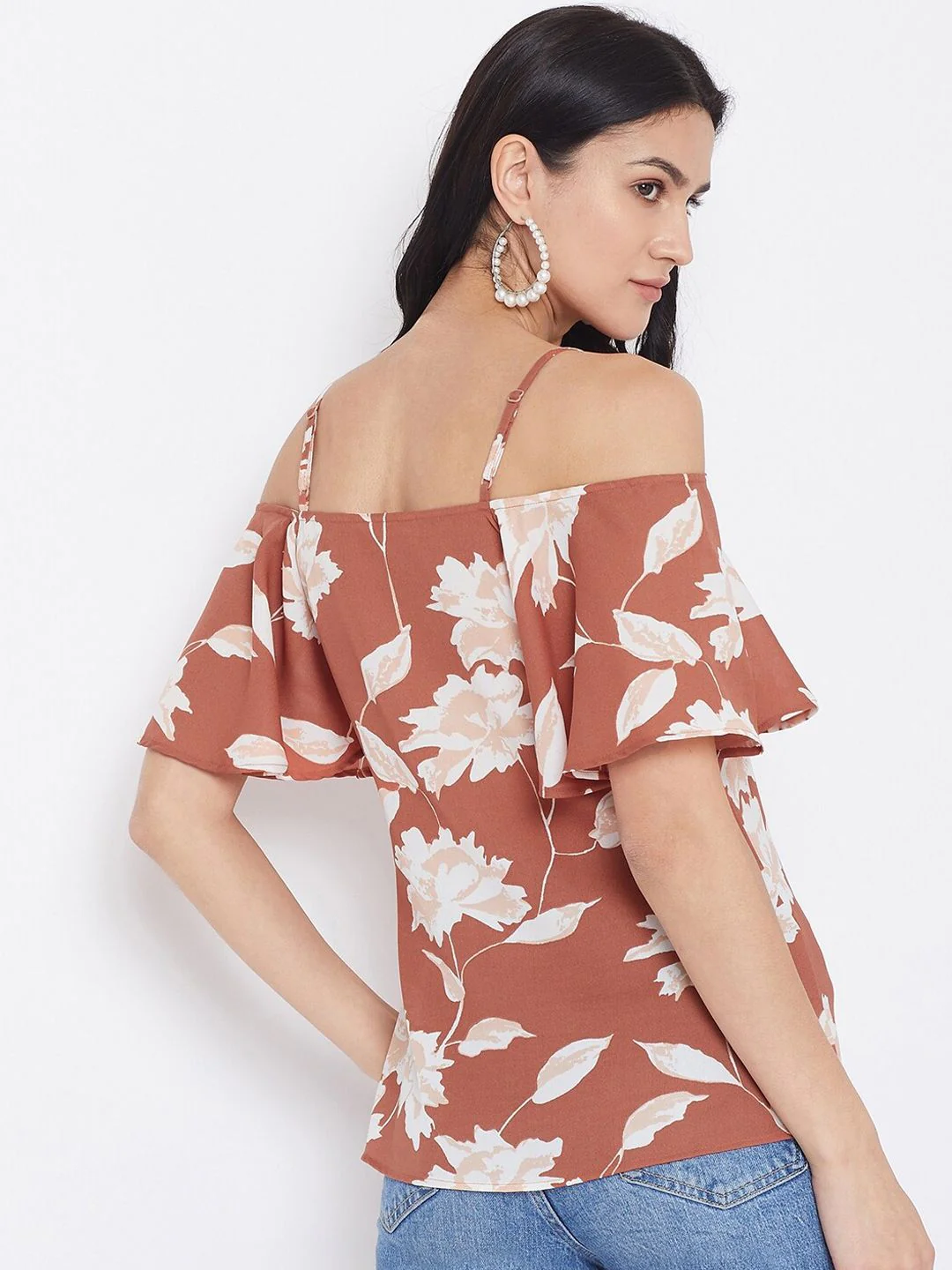 Berrylush Women Brown Printed Bardot Top - Image 5