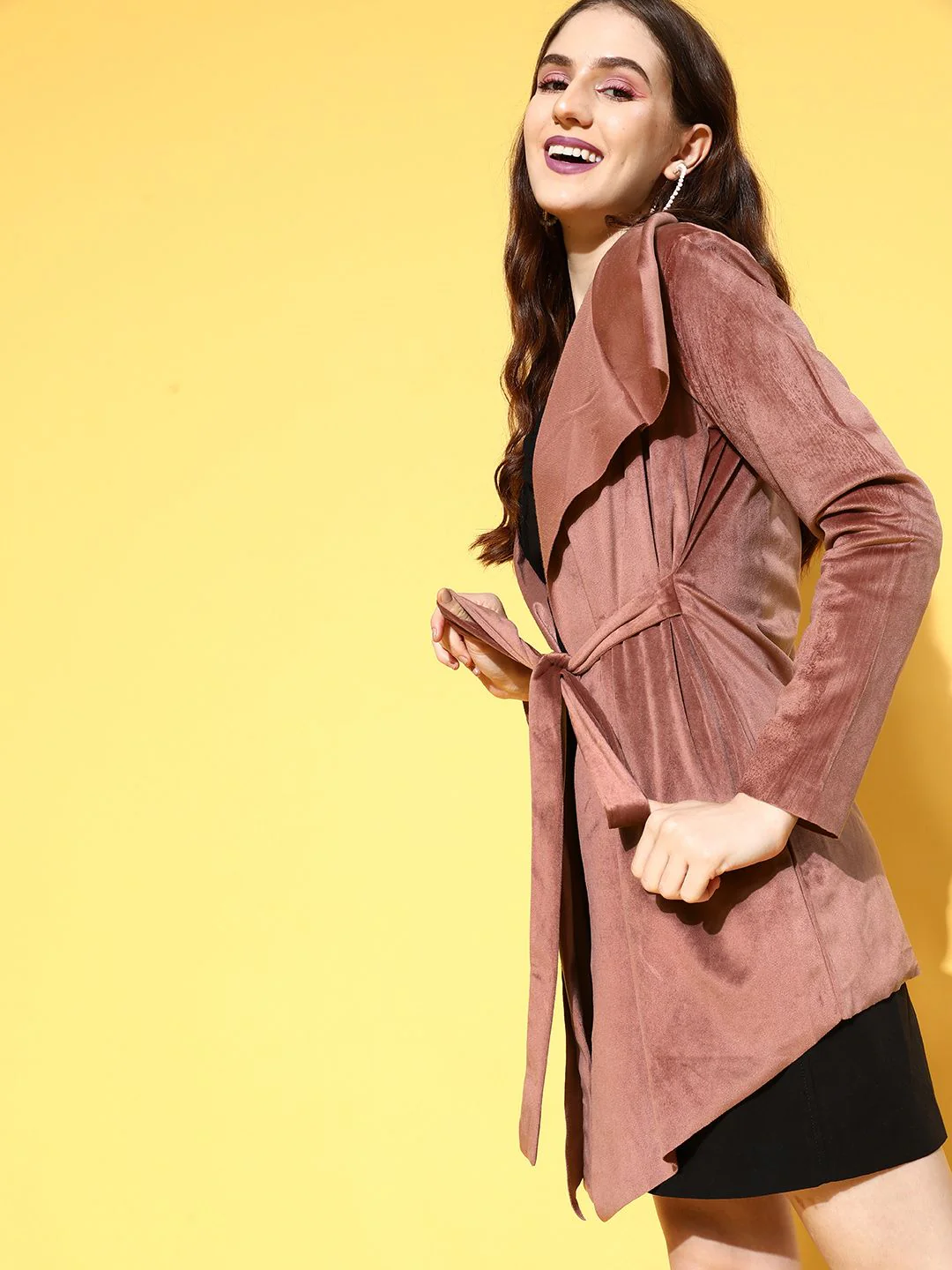 Berrylush Women Brown Solid Wrap Coat with belt - Image 3
