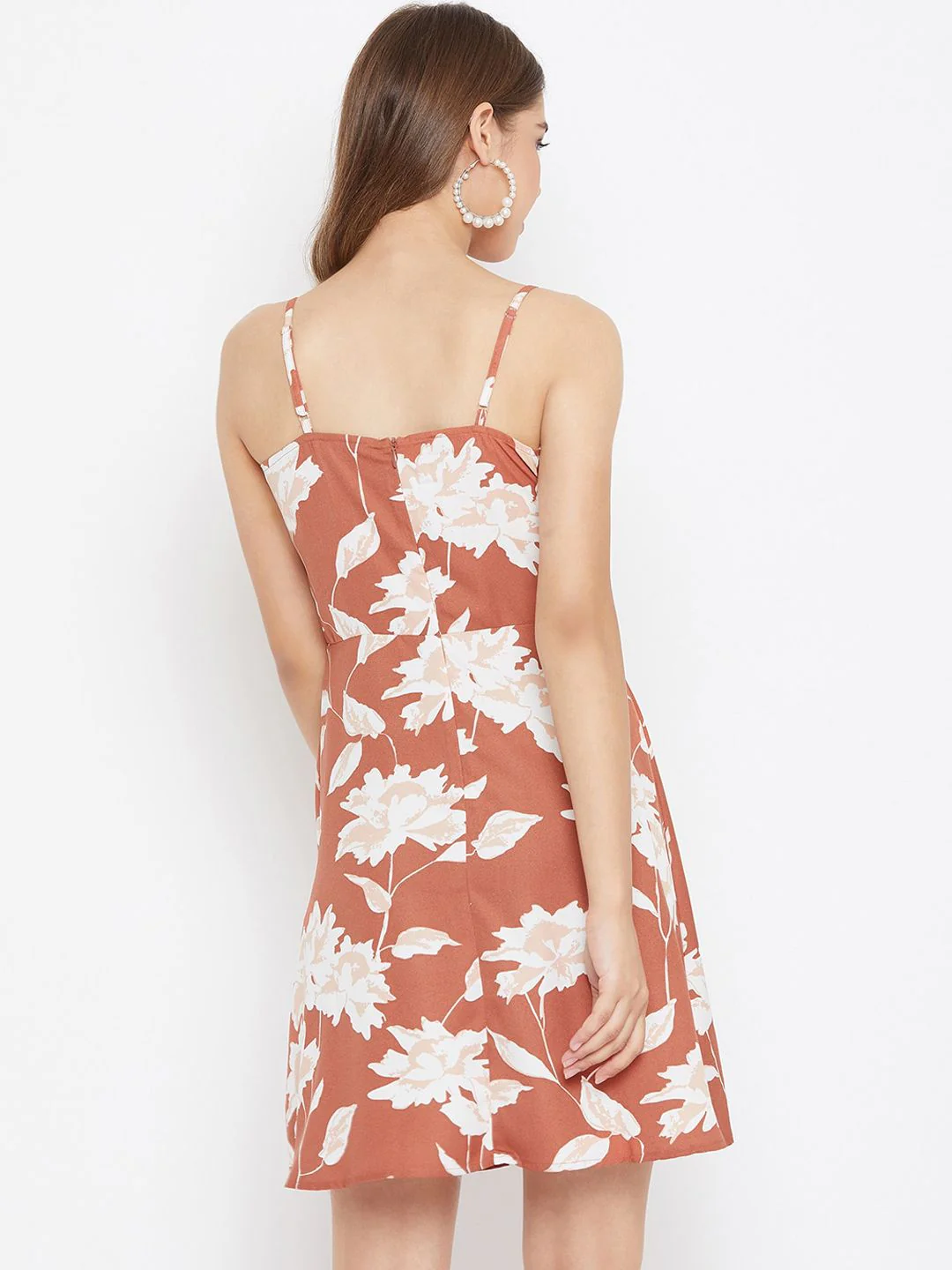 Berrylush Women Brown & White Floral Print Fit and Flare Dress - Image 5