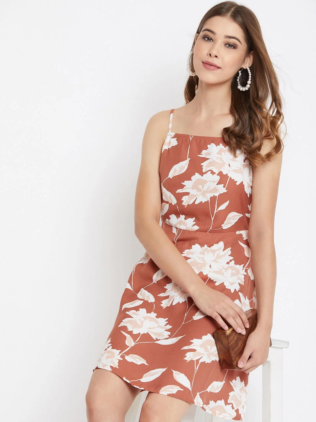 Berrylush Women Brown & White Floral Print Fit and Flare Dress - Image 6