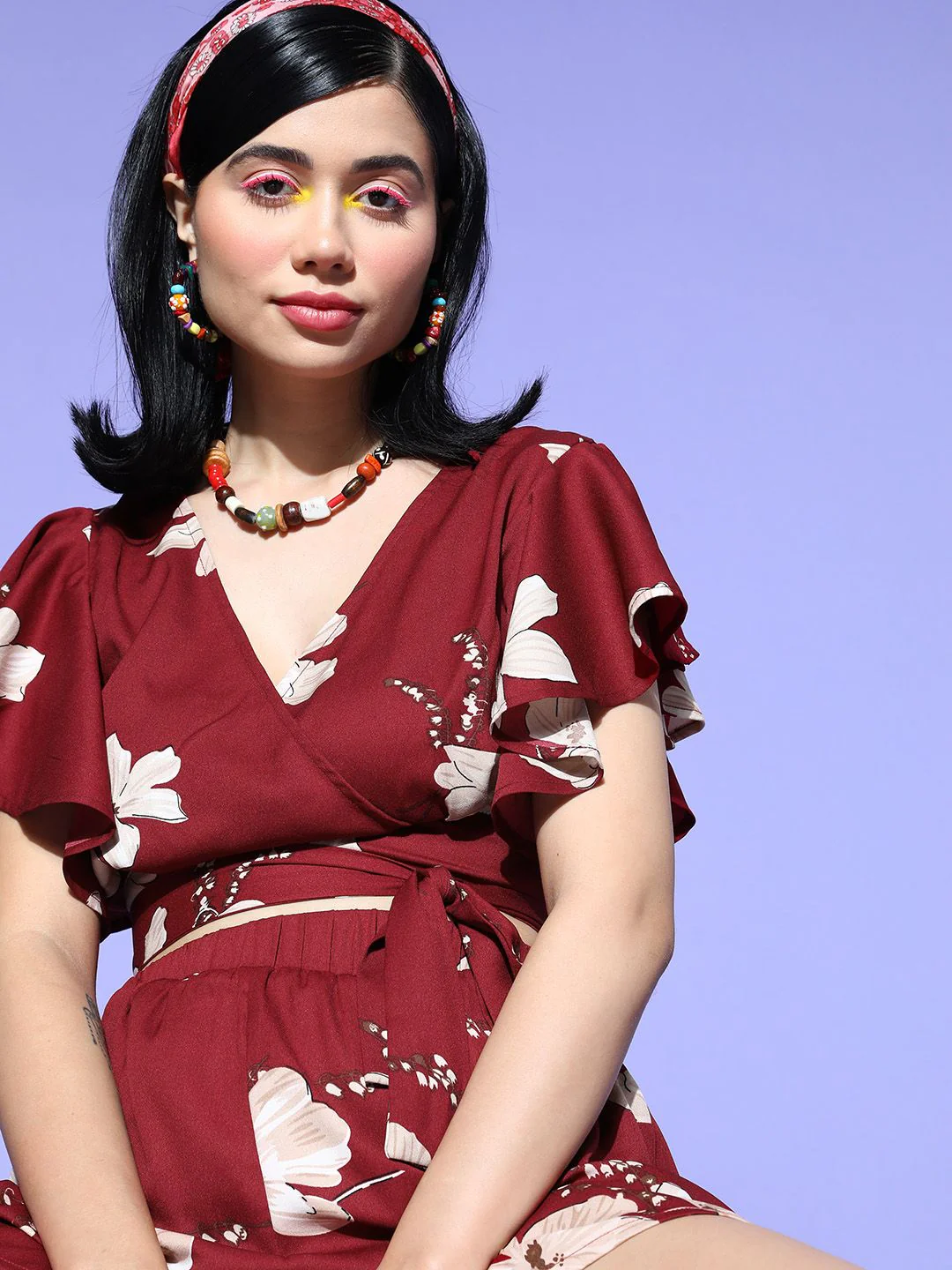 Berrylush Women Charming Maroon Printed Top with Shorts - Image 2