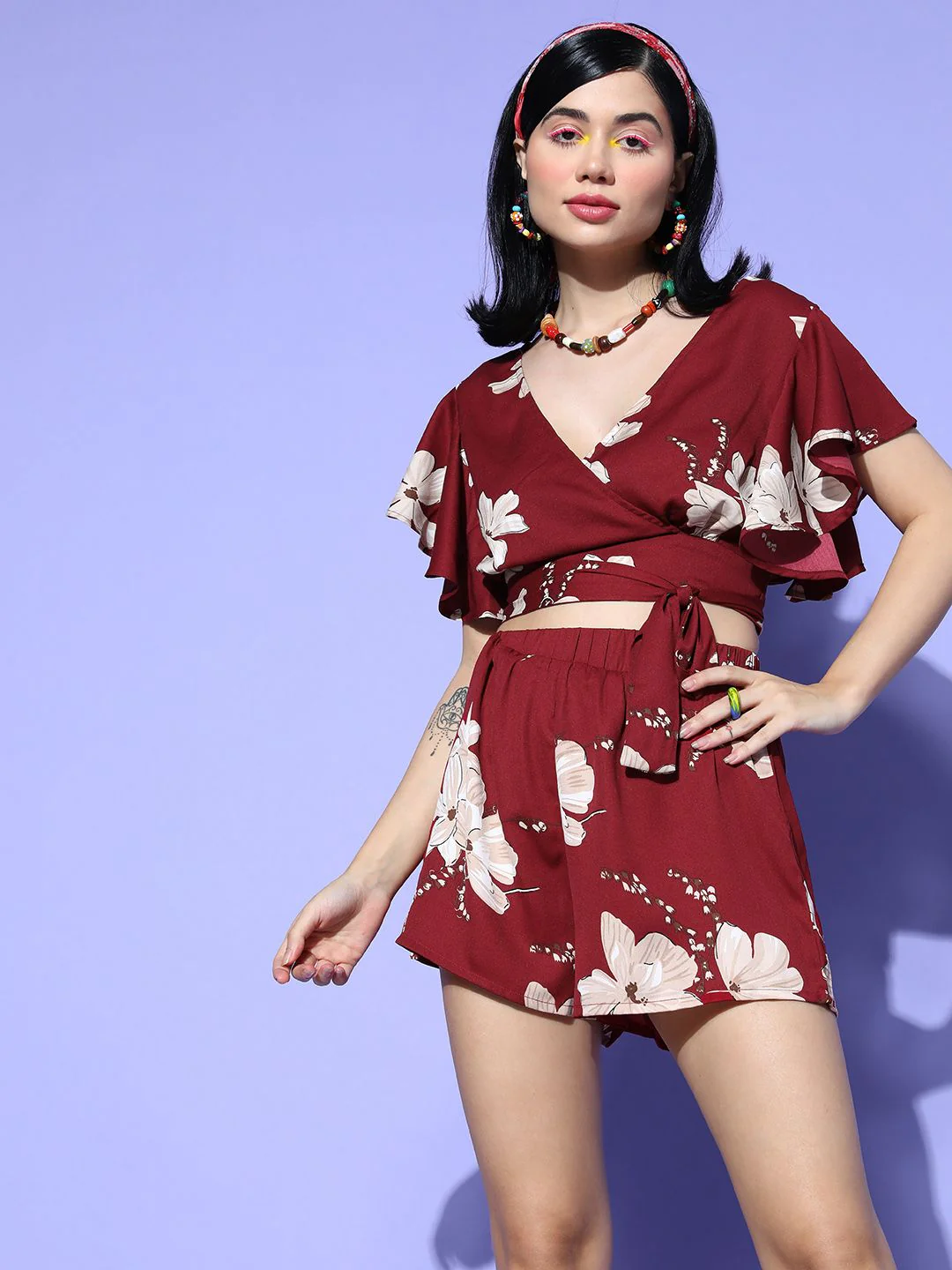 Berrylush Women Charming Maroon Printed Top with Shorts - Image 3