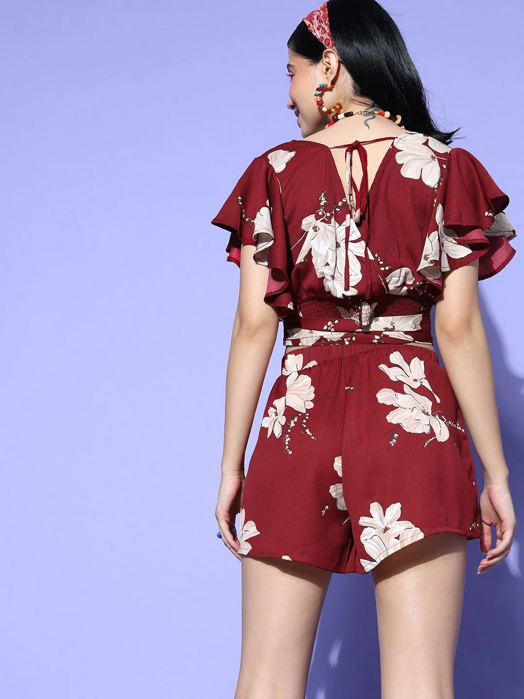 Berrylush Women Charming Maroon Printed Top with Shorts - Image 4