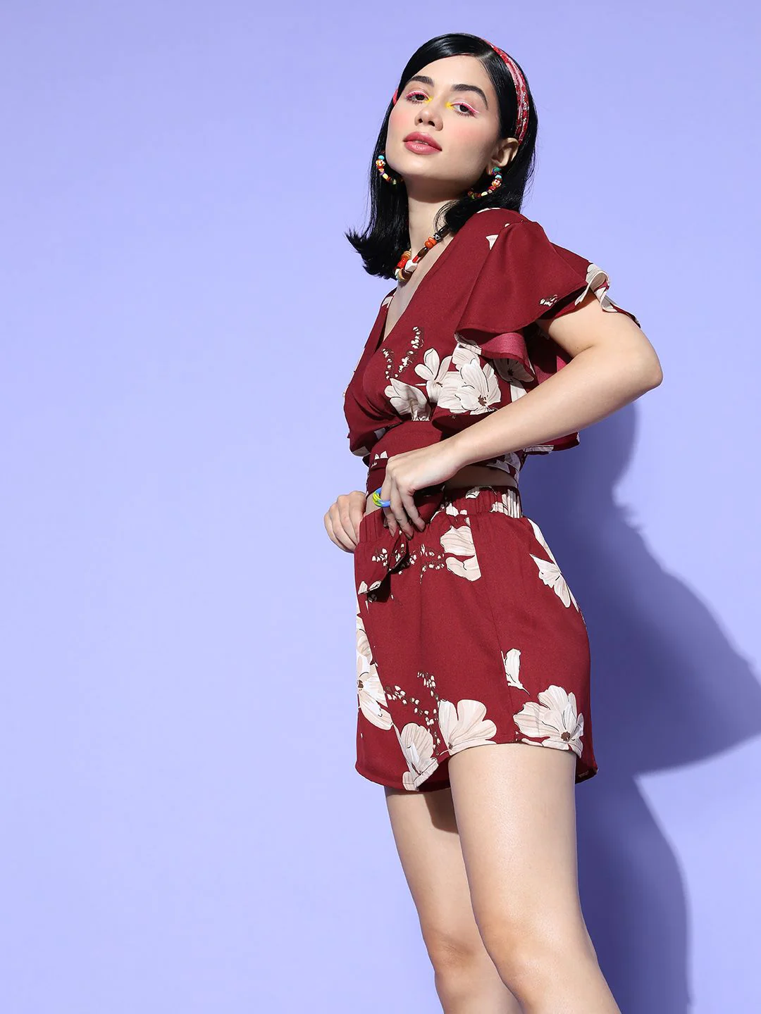Berrylush Women Charming Maroon Printed Top with Shorts - Image 5
