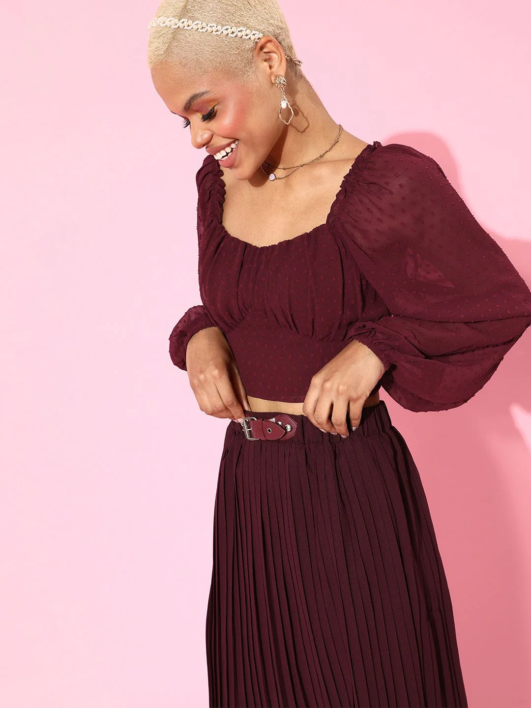 Berrylush Women Charming Maroon Solid Georgette Bishop Sleeves Top - Image 3