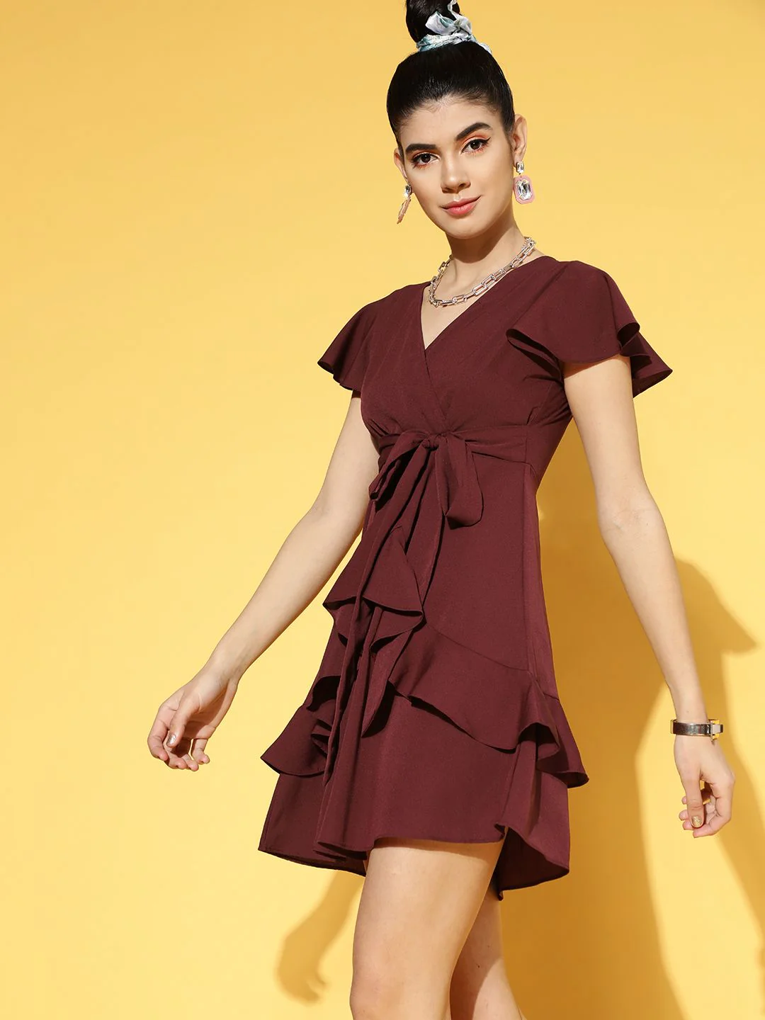 Berrylush Women Charming Maroon Solid Ruffled Dress - Image 3