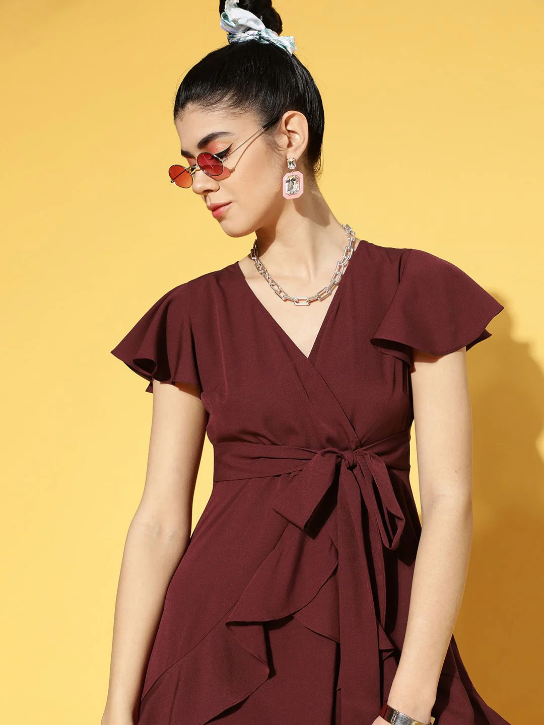 Berrylush Women Charming Maroon Solid Ruffled Dress - Image 4