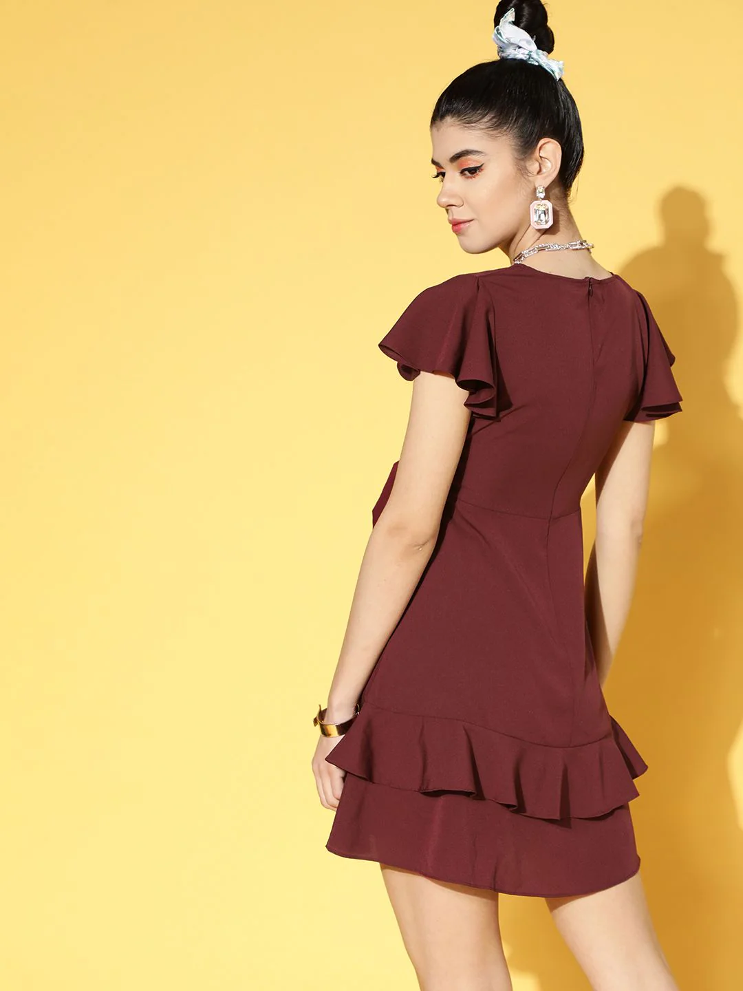 Berrylush Women Charming Maroon Solid Ruffled Dress - Image 5
