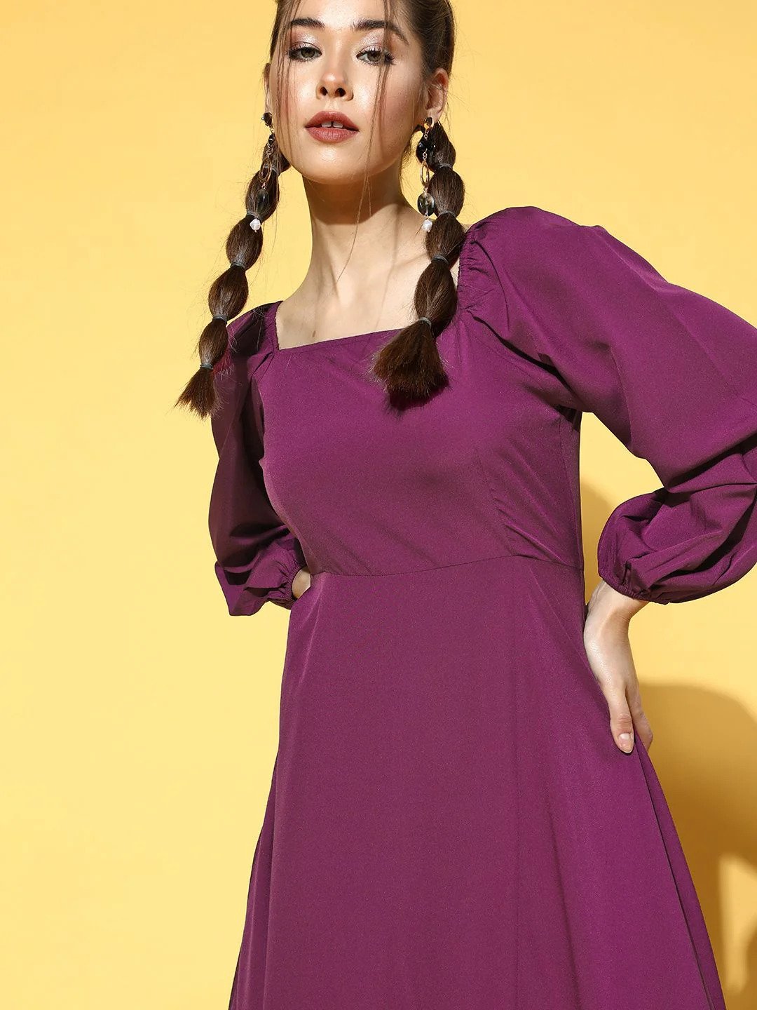 Berrylush Women Charming Purple Solid Puff Sleeves Dress - Image 4