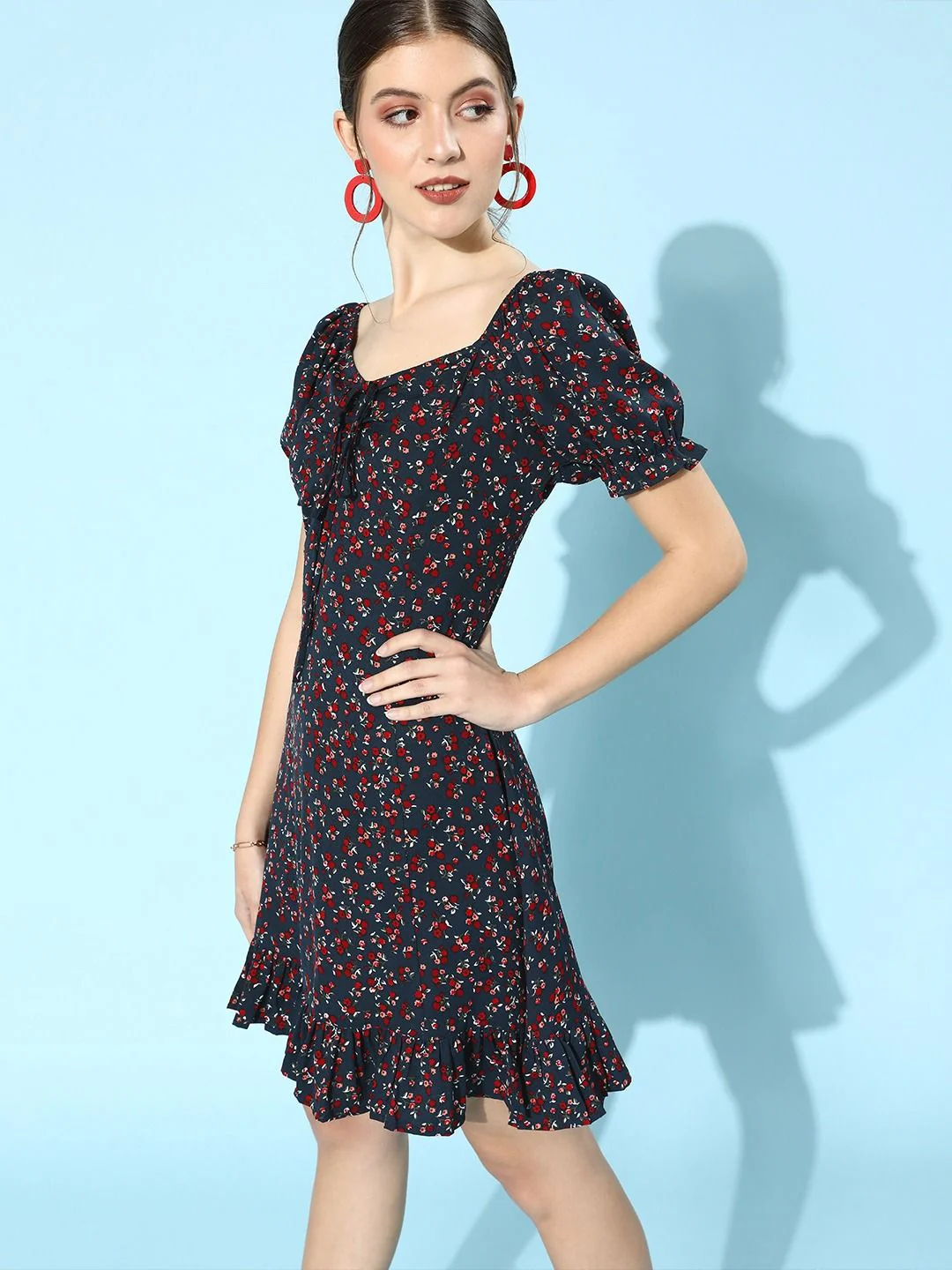 Berrylush Women Deep Navy Blue Floral Puff Sleeves Dress - Image 3