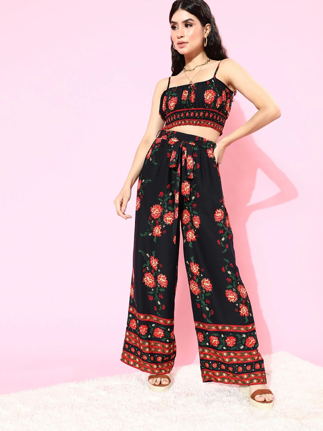 Berrylush Women Deep Navy Blue Printed Top with Trousers - Image 3