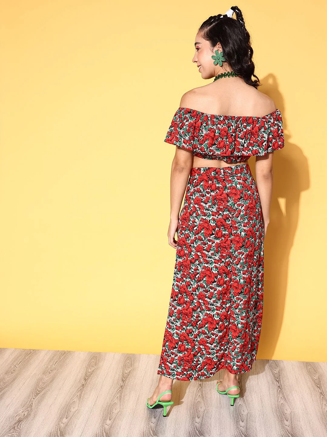 Berrylush Women Deep Red Printed Top with Skirt - Image 4