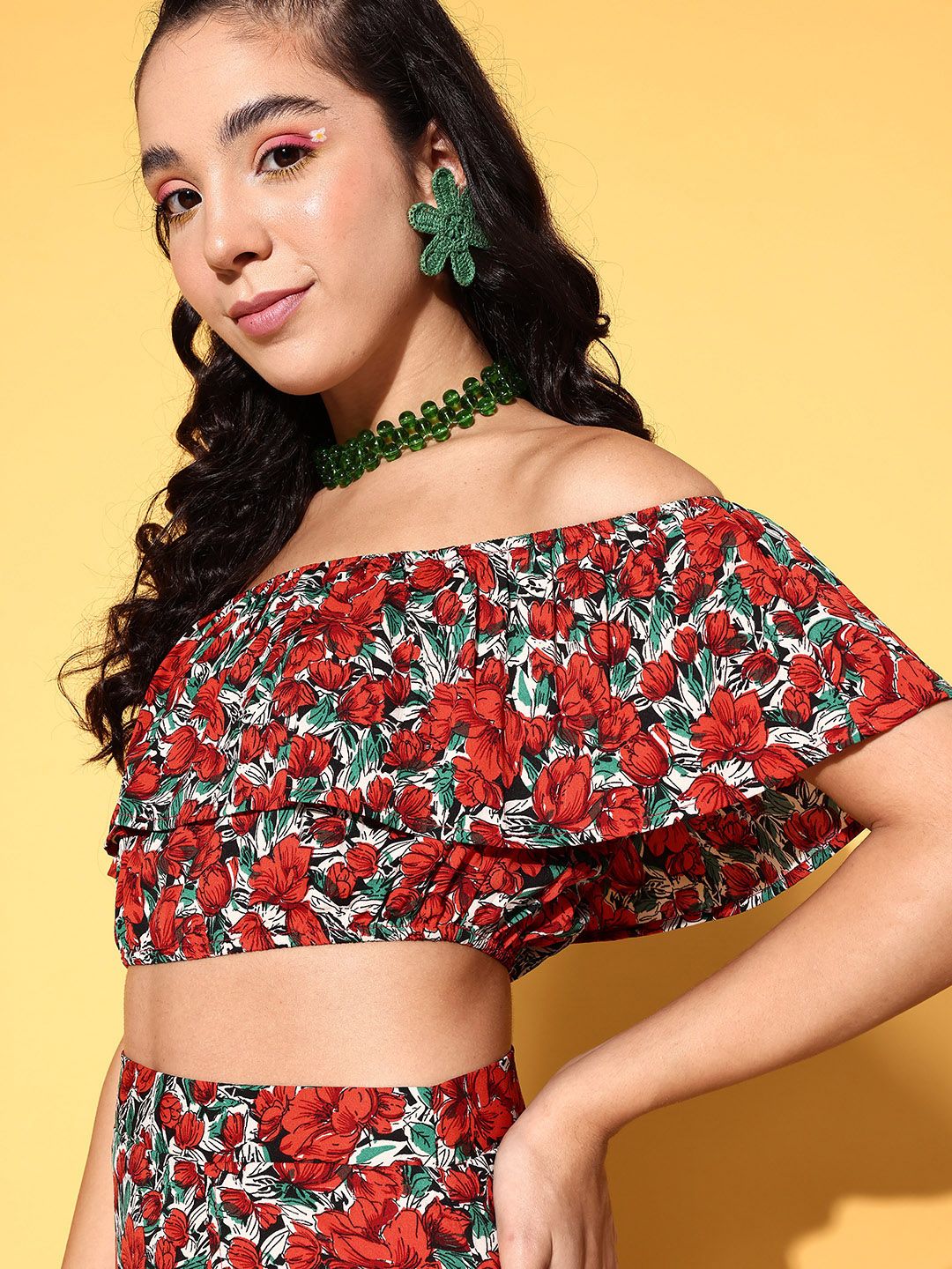 Berrylush Women Deep Red Printed Top with Skirt - Image 5