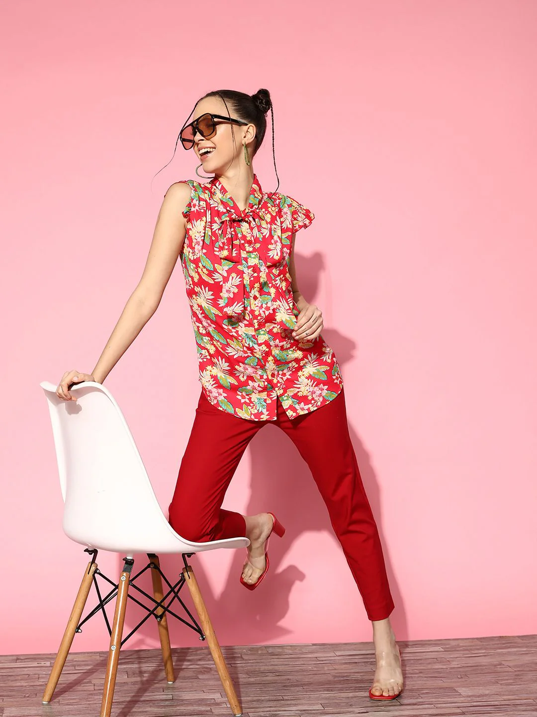 Berrylush Women Floral Print Tie-Up Neck Ruffles Crepe Top