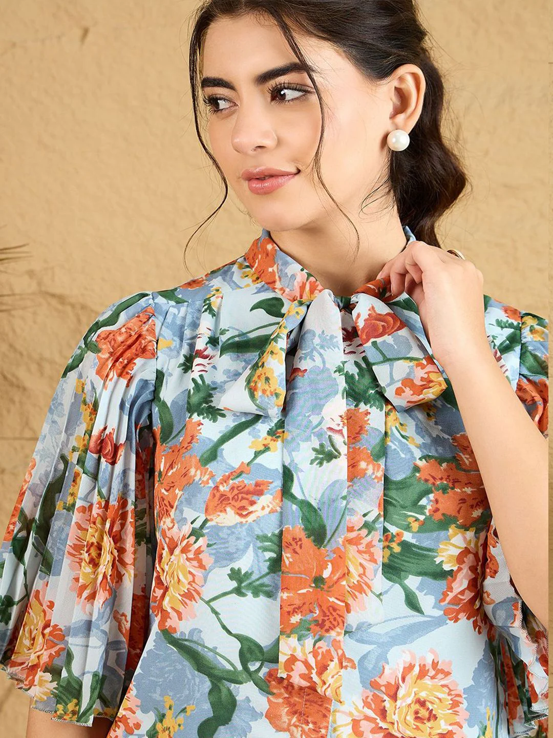 Berrylush Women Floral Printed Tie-Up Neck Georgette Top - Image 2