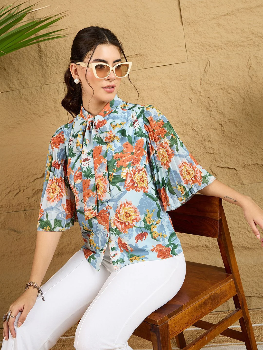 Berrylush Women Floral Printed Tie-Up Neck Georgette Top - Image 6