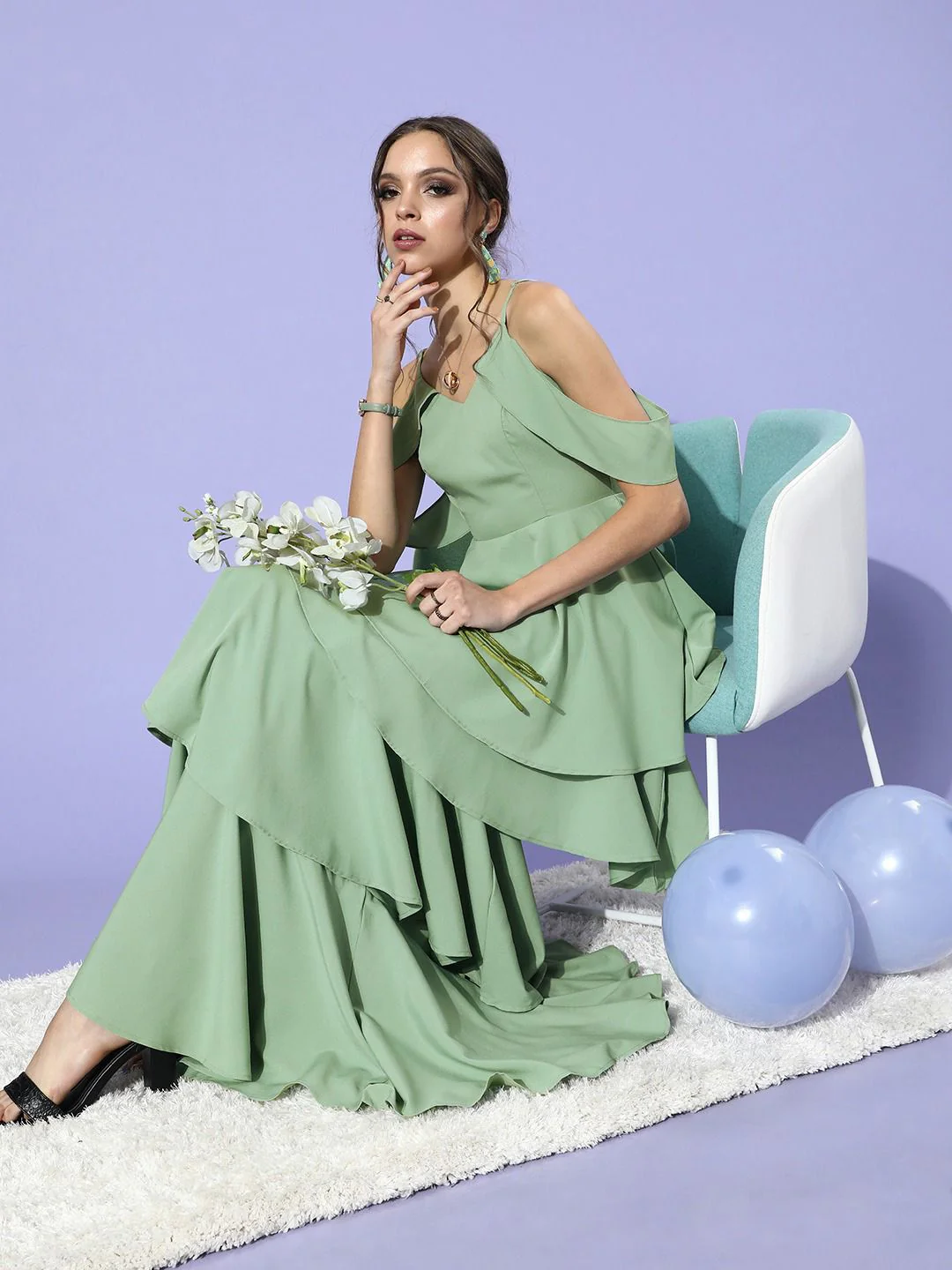 Berrylush Women Gorgeous Green Solid Tiered Dress - Image 6