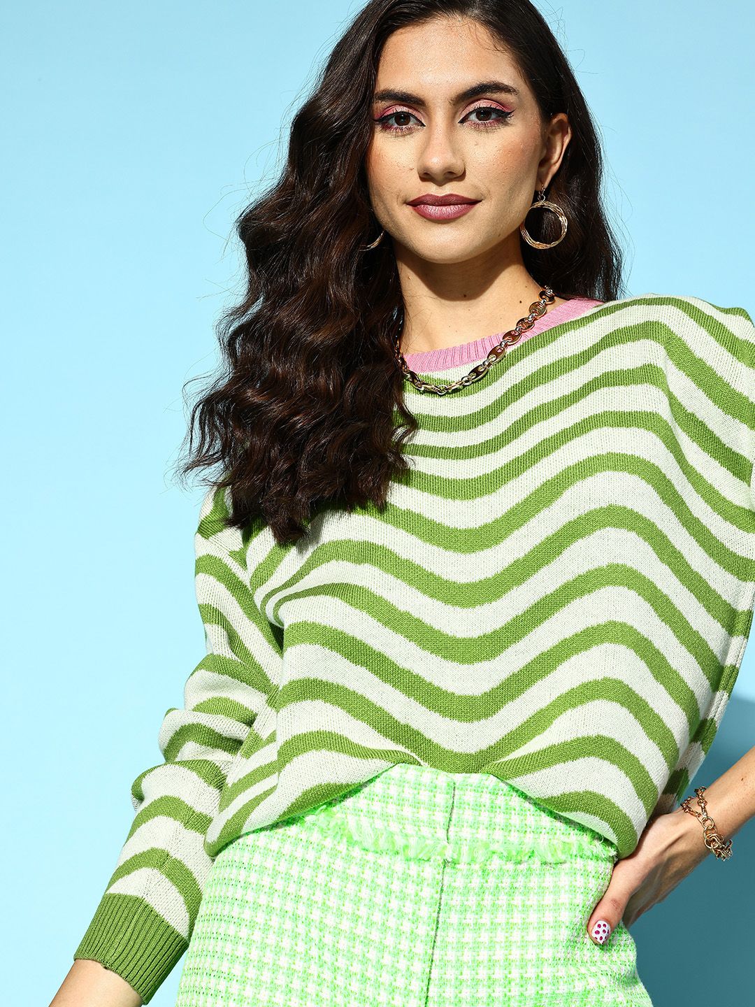 Berrylush Women Gorgeous Green Striped Knits Bits Sweater - Image 3