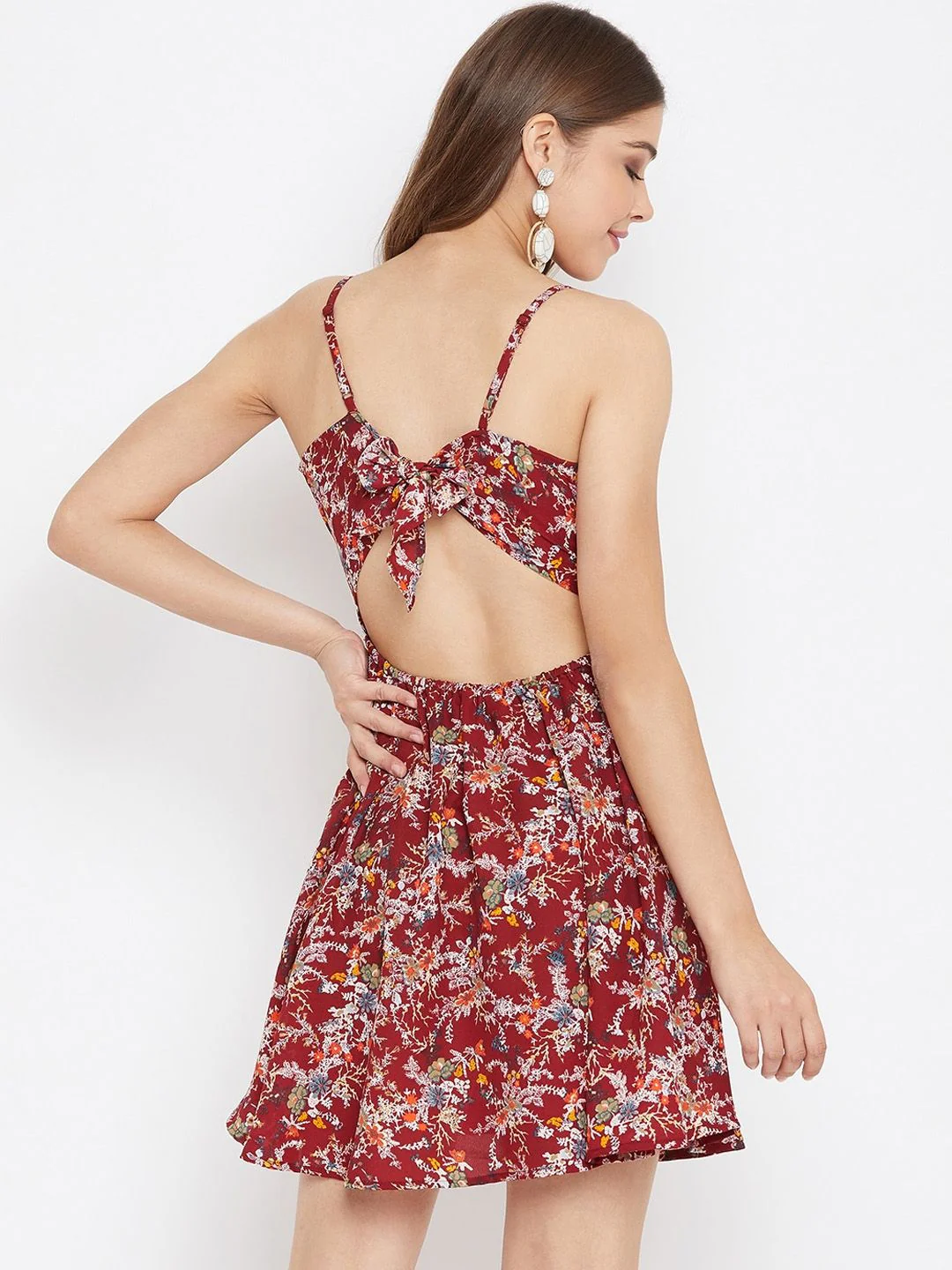 Berrylush Women Maroon Floral Printed Front Twist Knot Fit and Flare Dress - Image 5